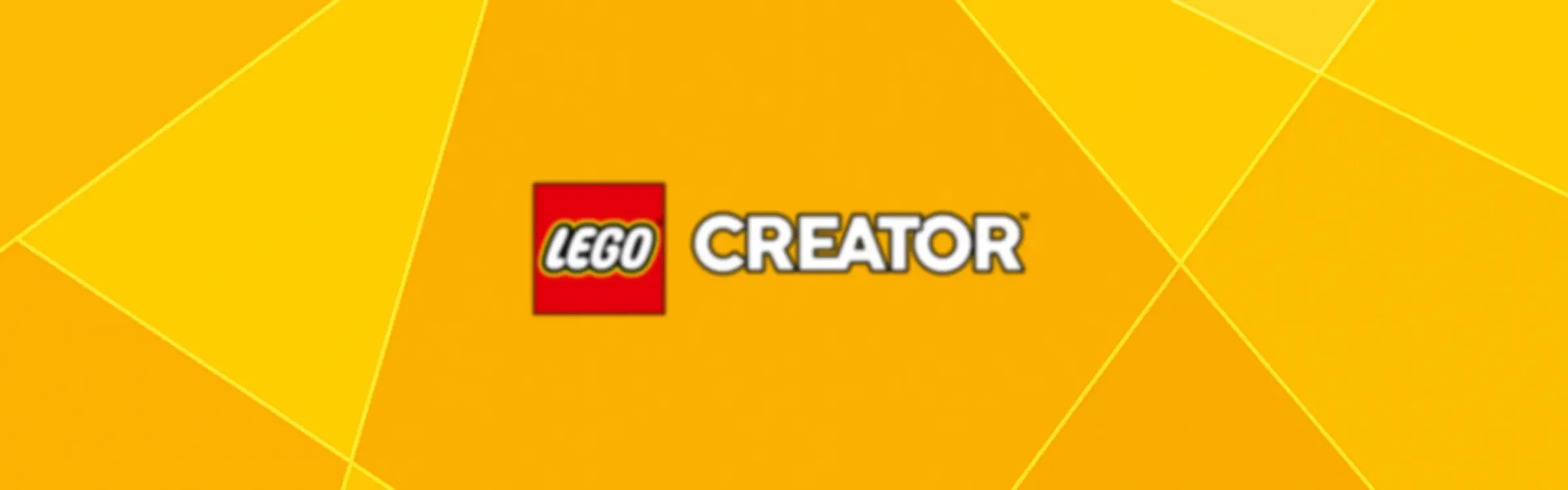 Logo-ul LEGO Creator pe un fundal galben cu un design geometric modern.