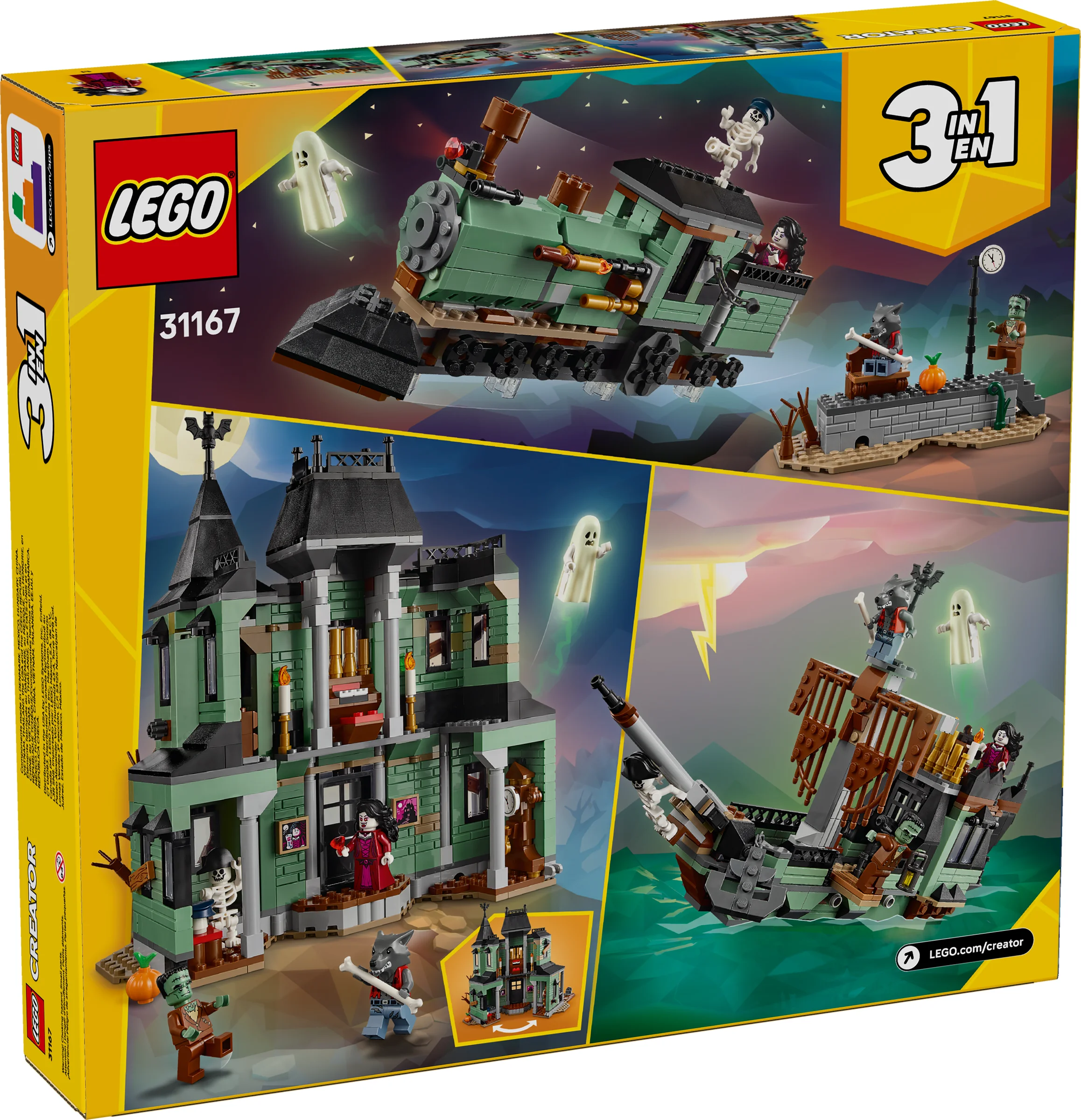 Cutia LEGO 31167 prezintă cele 3 modele alternative: conac bântuit, tren și corabie bântuită.