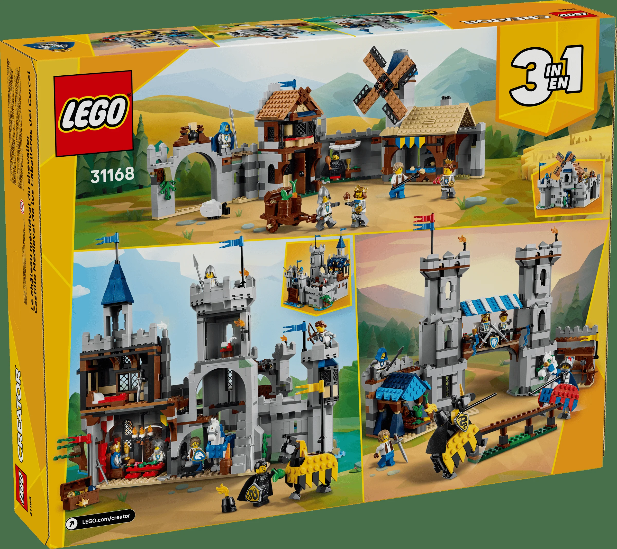 Cutia LEGO Creator 31168 prezintă trei modele medievale: castel, turn și piață. Conține minifigurine și detalii.