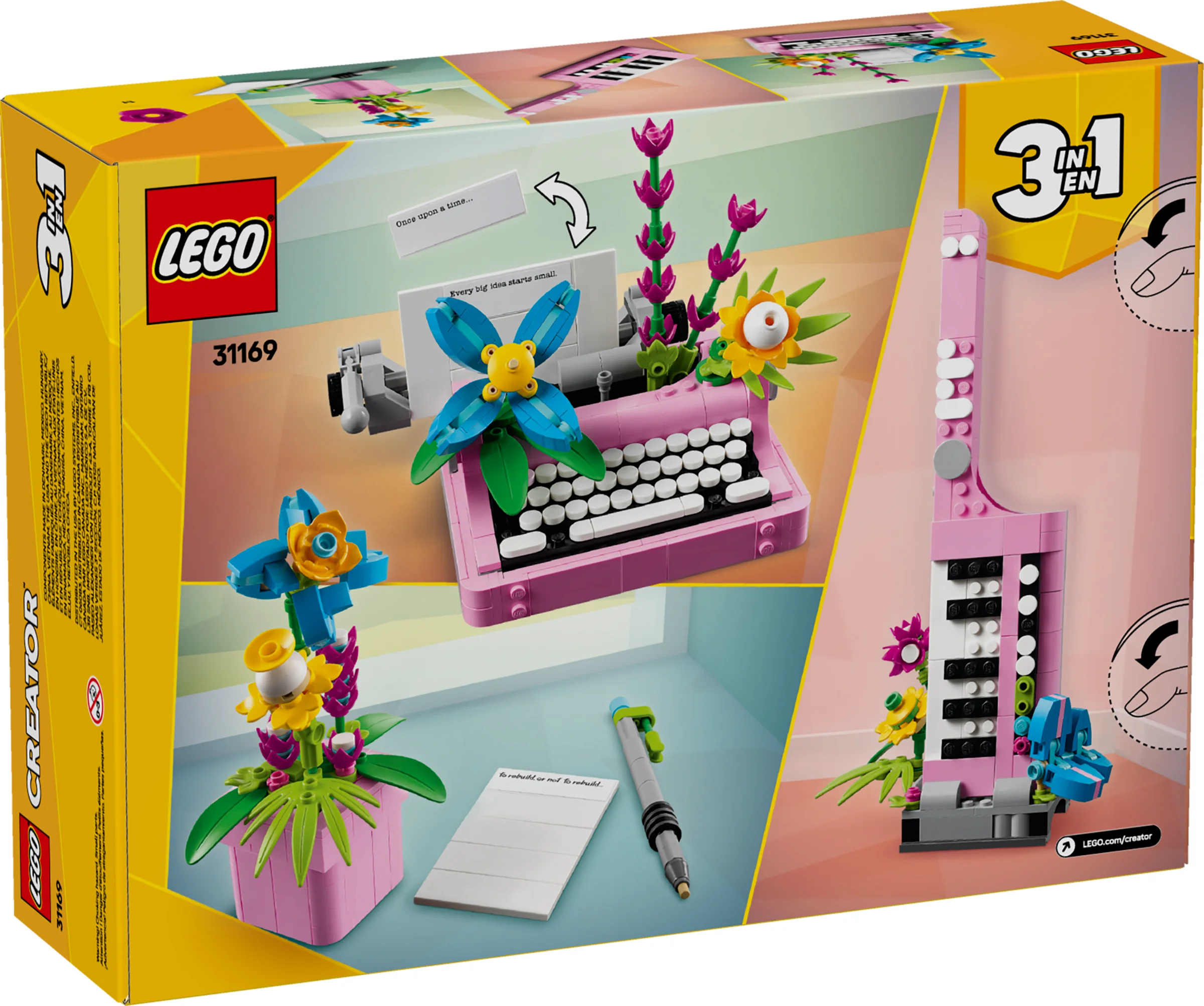 Cutie LEGO Creator 31169, cu modele alternative prezentate: mașină de scris roz, flori și pian vertical.