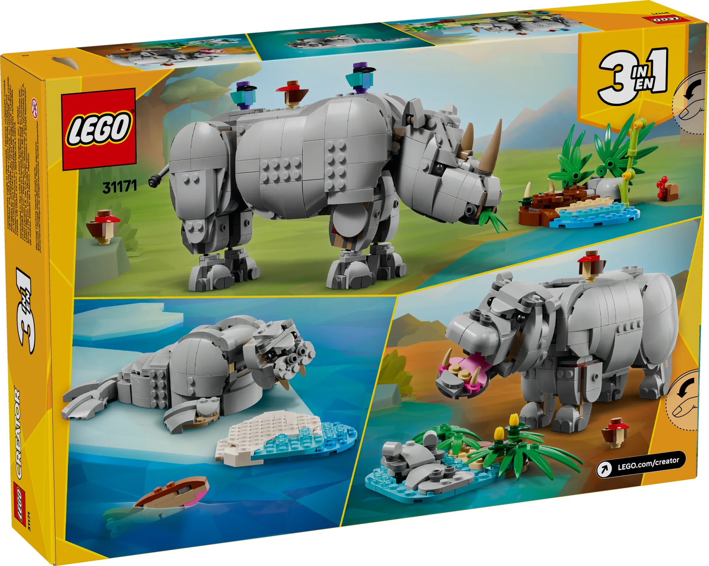 Imagine cu cutia setului LEGO Creator 31171, prezentând rinocerul, foca și hipopotamul construite din cărămizi LEGO.
