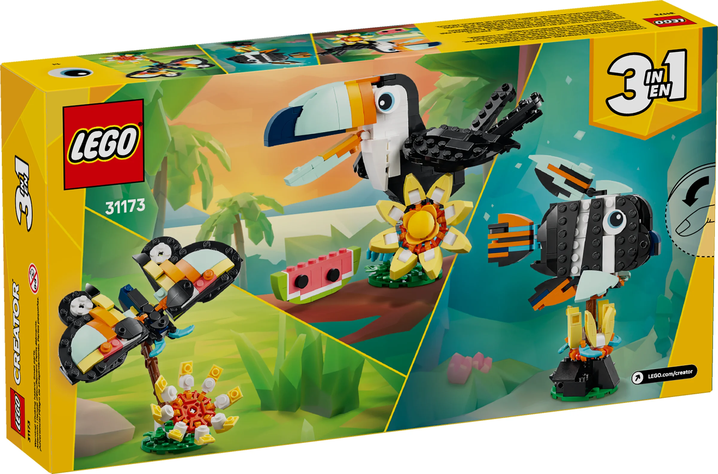 Cutia setului LEGO Creator 31173 Tropical Toucan, prezentând toate cele 3 modele. Un tucan, un pește și o libelulă construite din cărămizi.