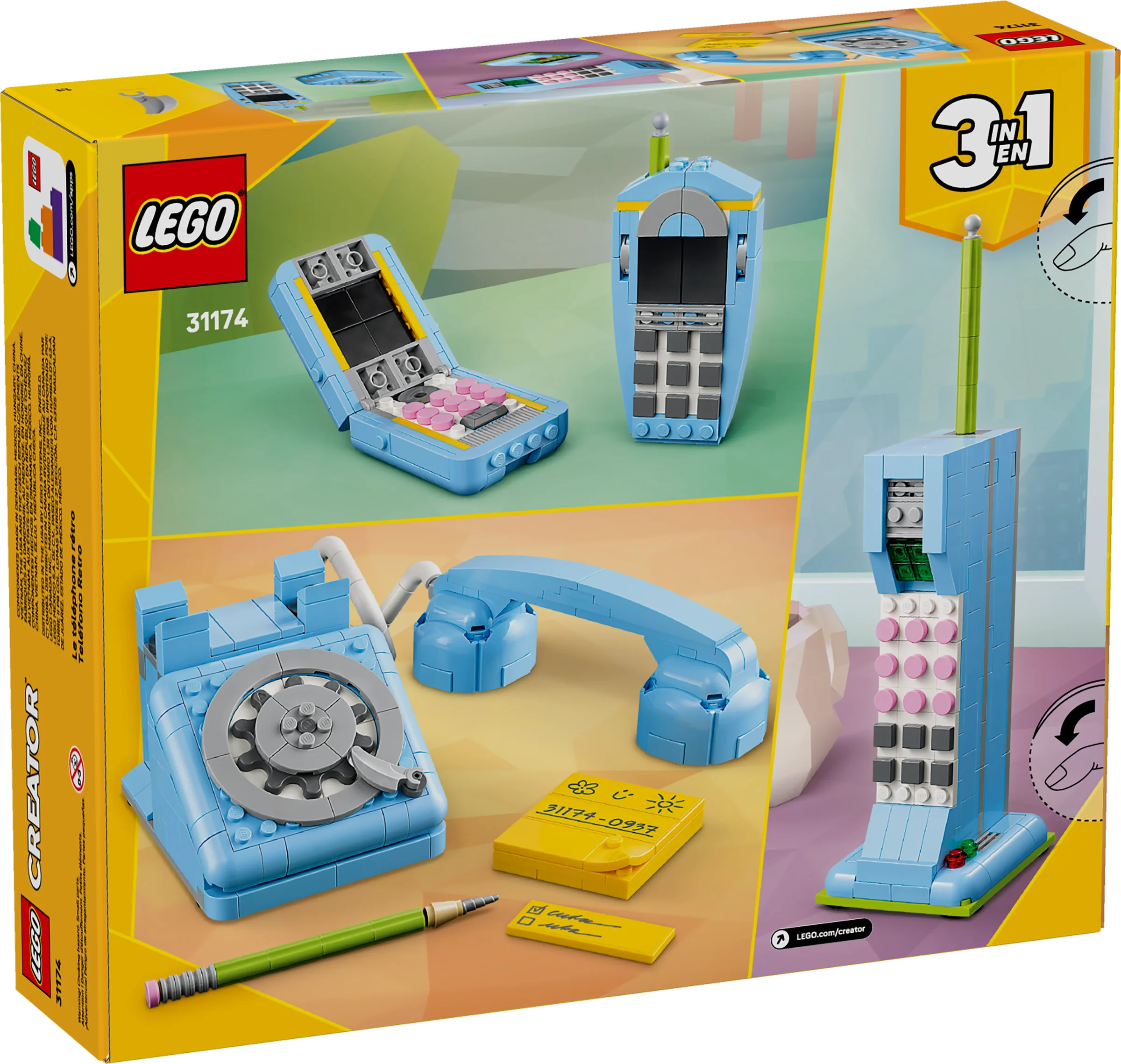 Imagine detaliată cu cutia setului LEGO 31174, prezentând cele 3 modele retro.