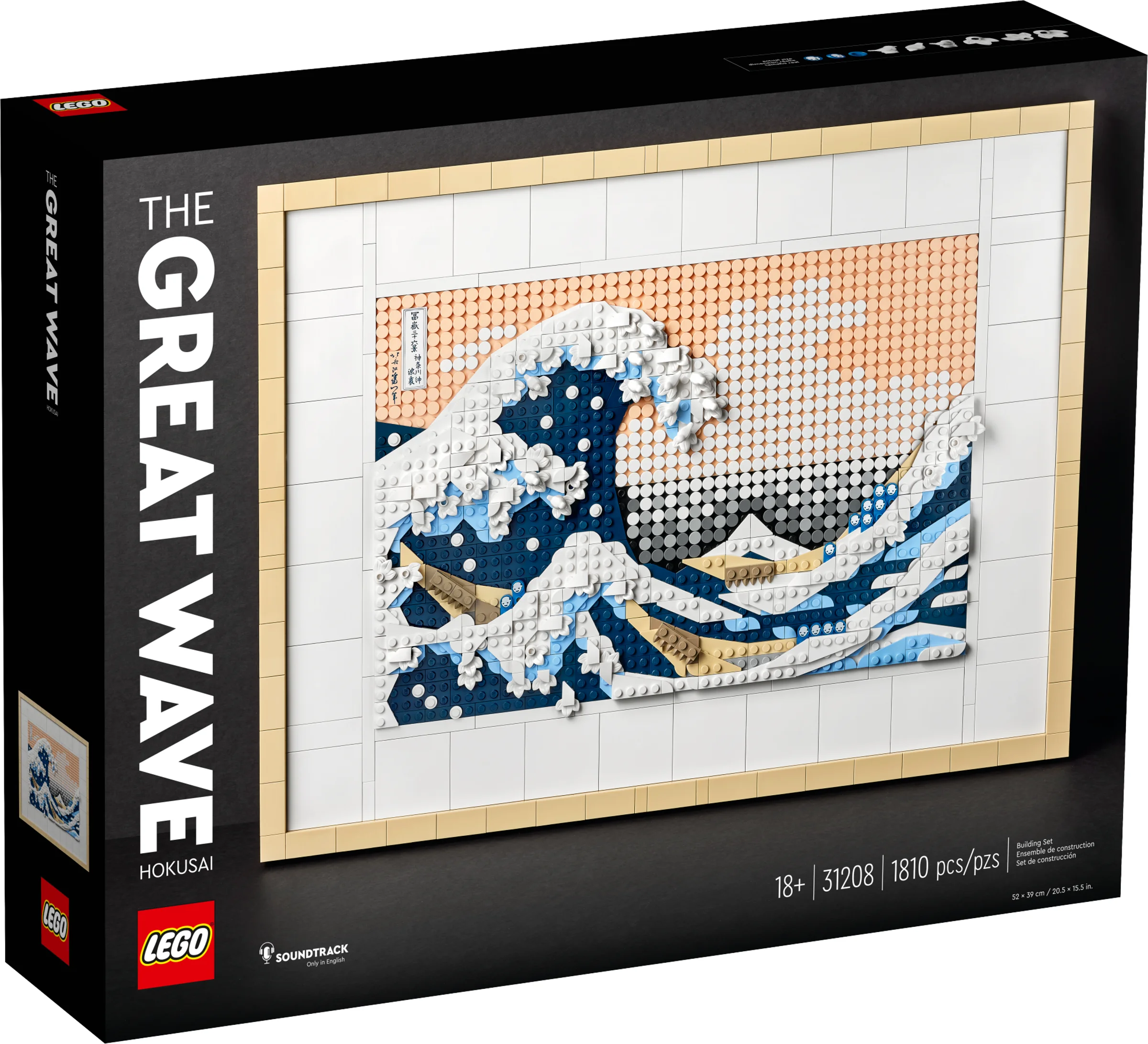 Cutia LEGO 31208 prezintă faimoasa „Marele Val” al lui Hokusai, realizată din piese LEGO.
