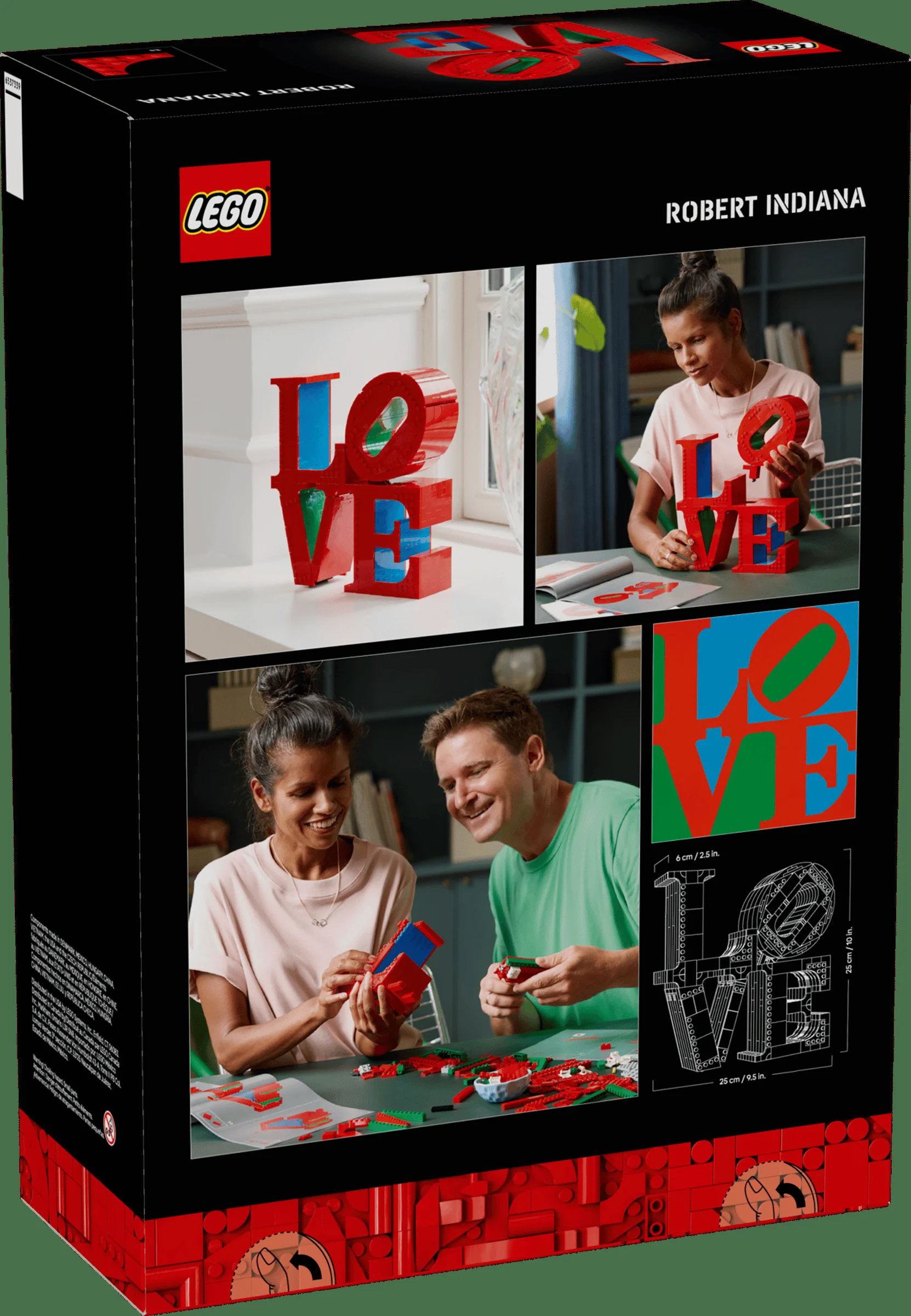 Cutia produsului LEGO Art 31214 LOVE, cu imagini ale modelului finalizat și ale oamenilor construind.