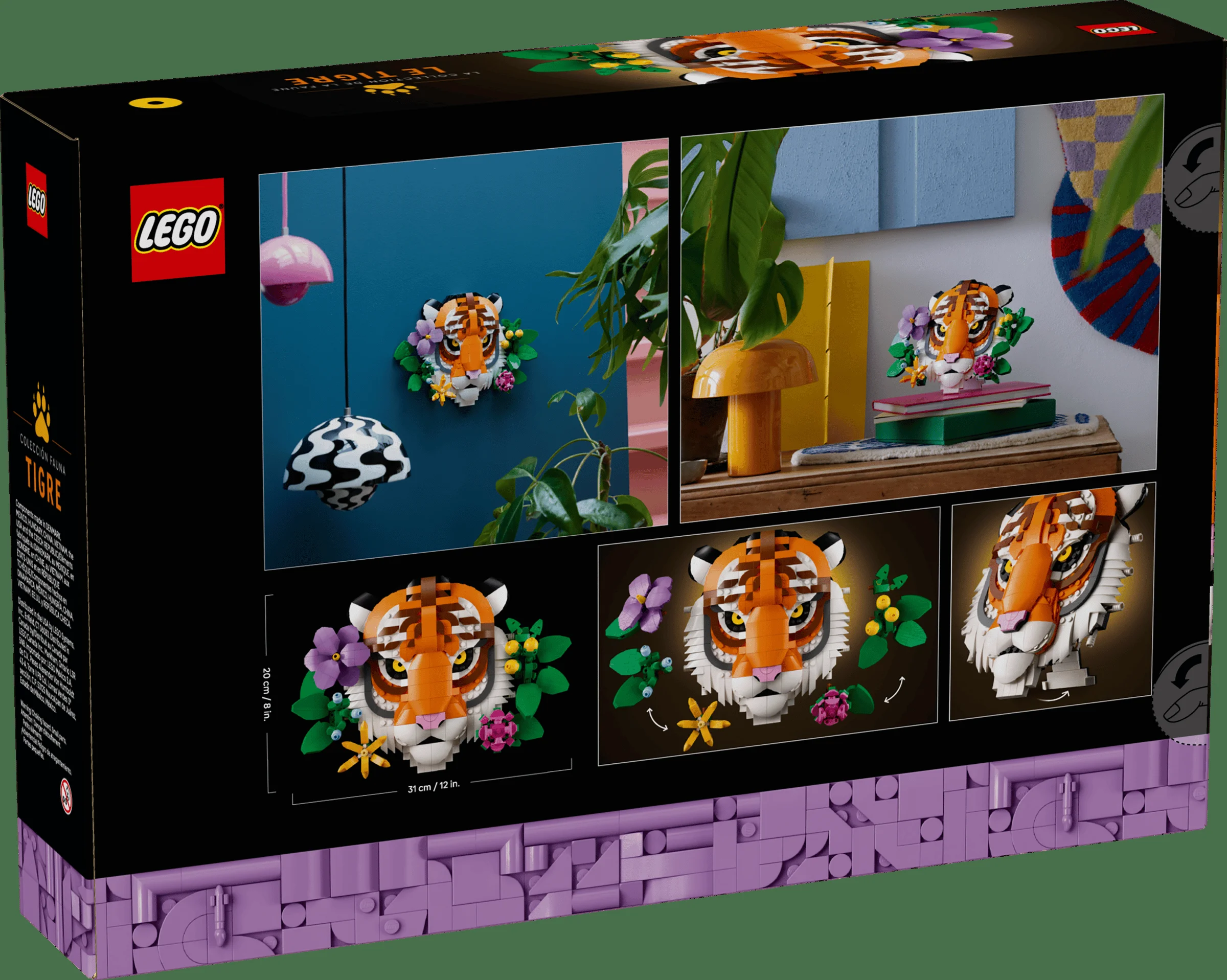 Imaginea prezintă cutia setului LEGO Tigru 31217, cu modelul finalizat în diferite decoruri.