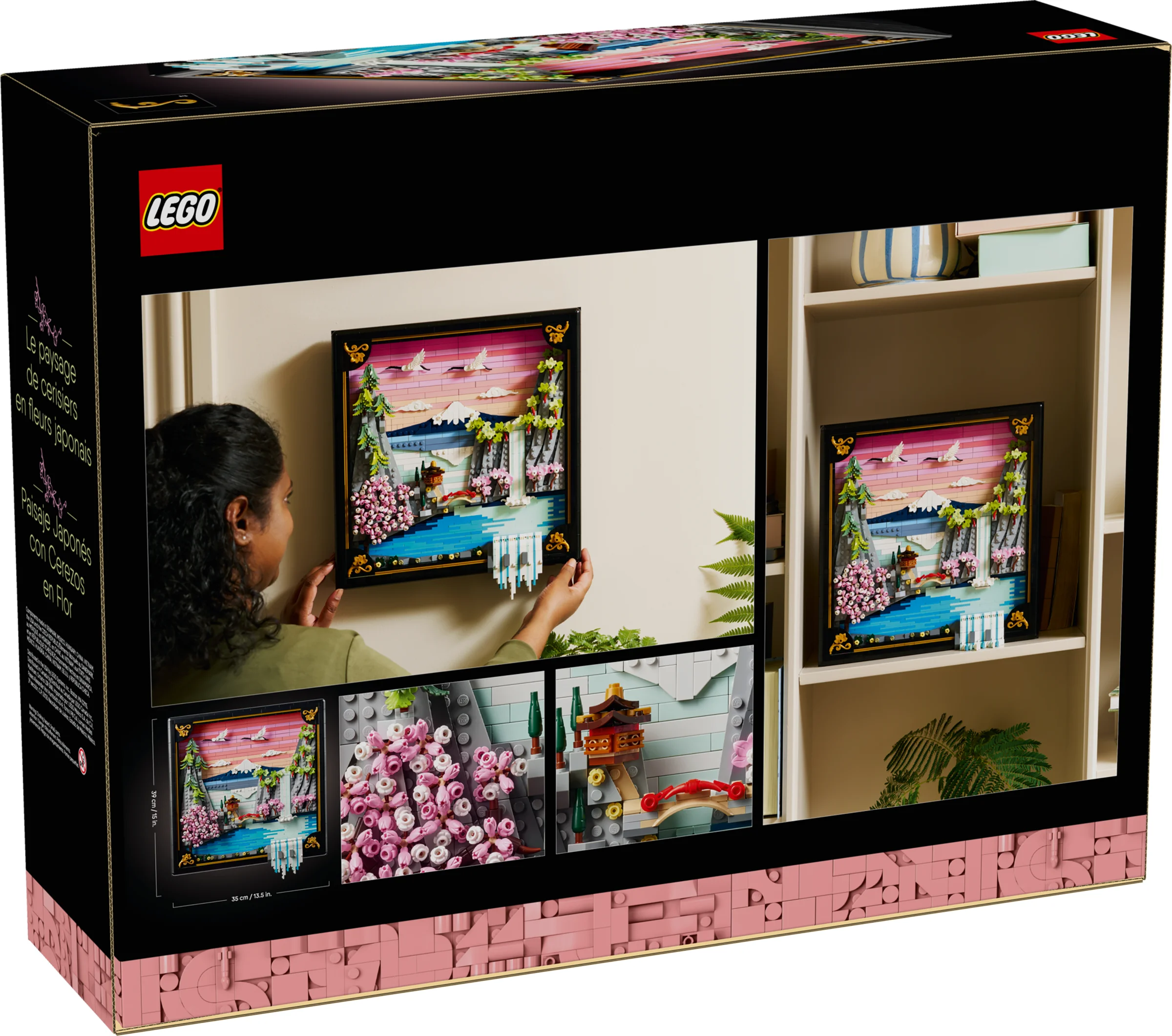 Imagine cu cutia setului LEGO 31218: Peisaj Japonez cu Cireși în Flori, afișând modelul asamblat.