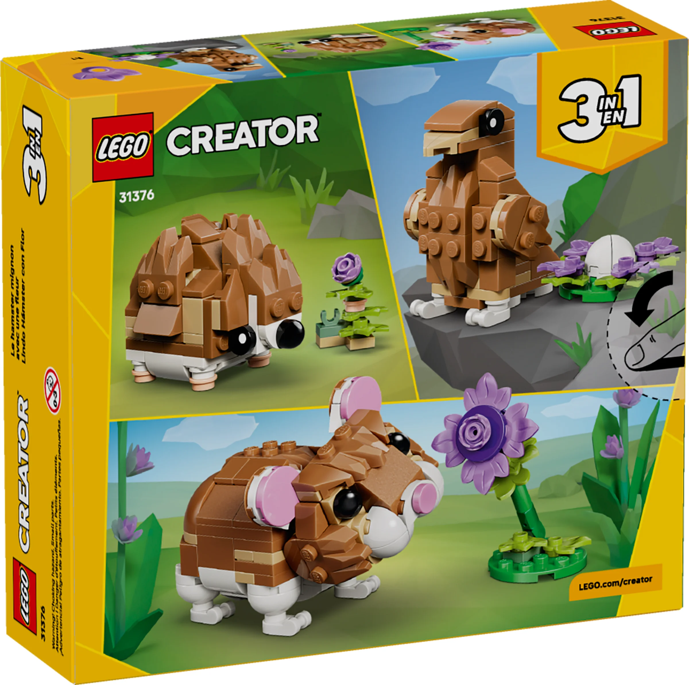 Cutia LEGO Creator 31376 cu hamsteri construiți și flori. Un set 3 în 1 atrăgător.
