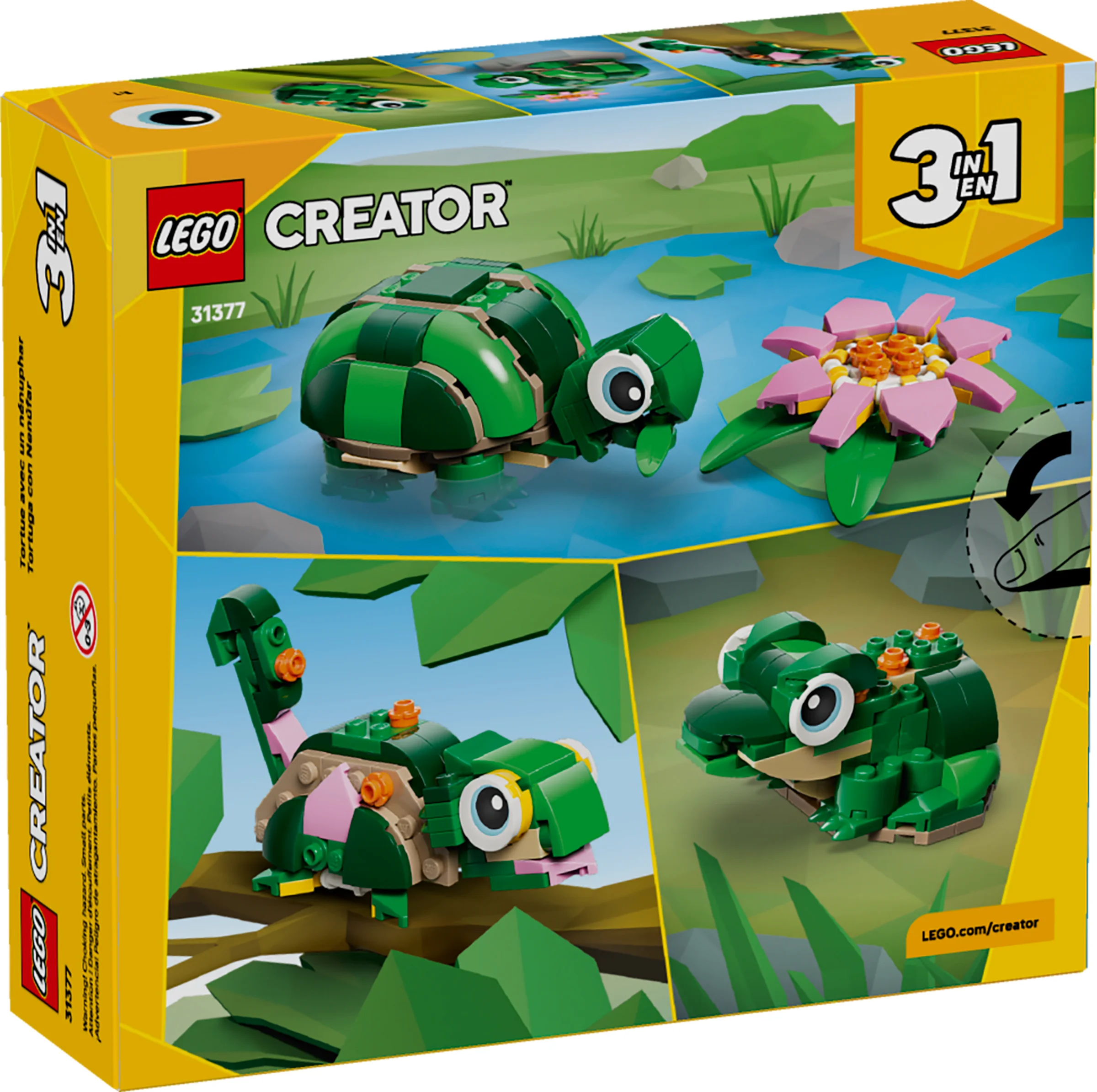Cutie LEGO 31377, cu o țestoasă și un nufăr, plus alte modele alternative. Design atractiv.