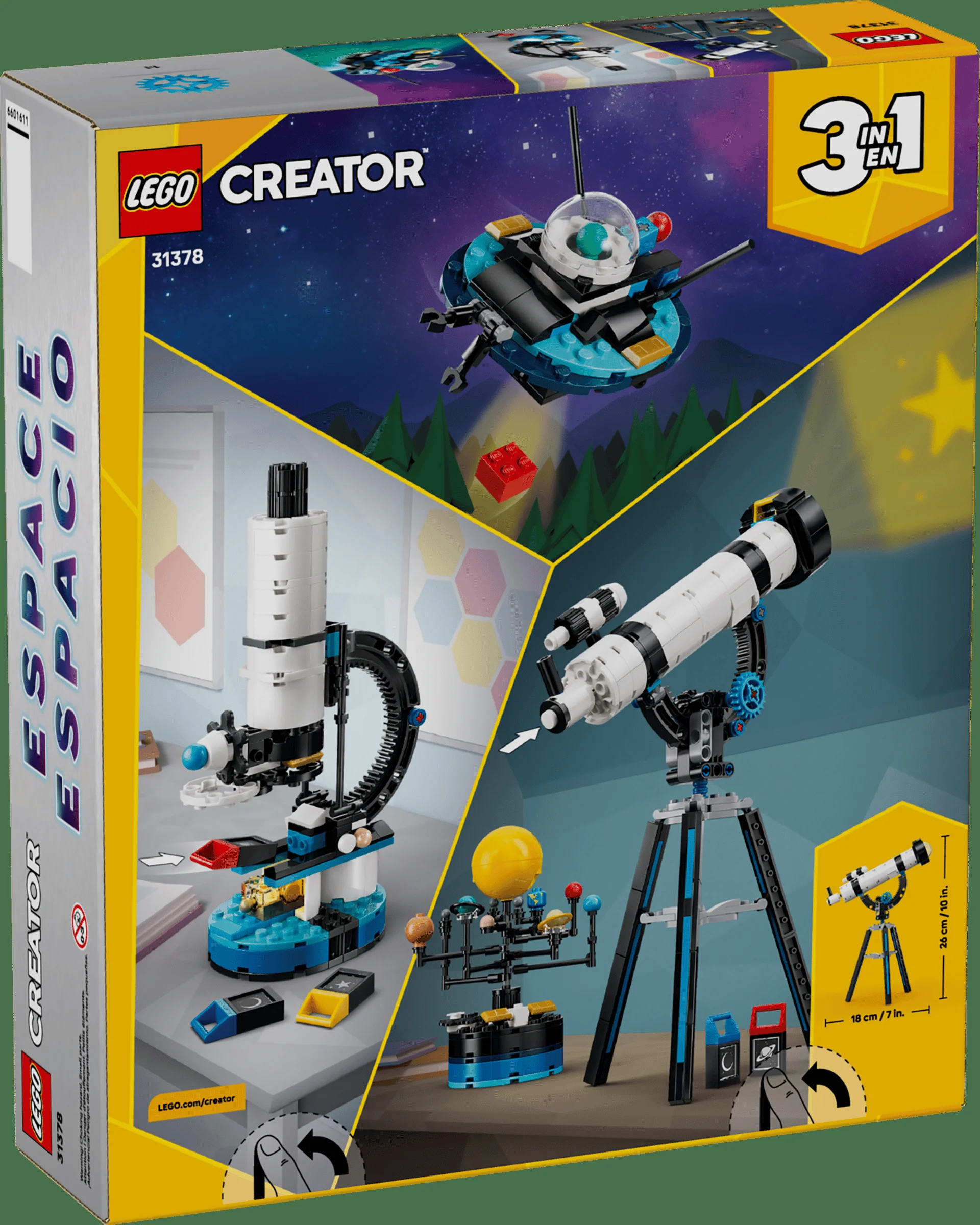 Cutia LEGO Creator 31378, prezentând cele trei modele spațiale: telescop, microscop și navă. Set 3 în 1. 