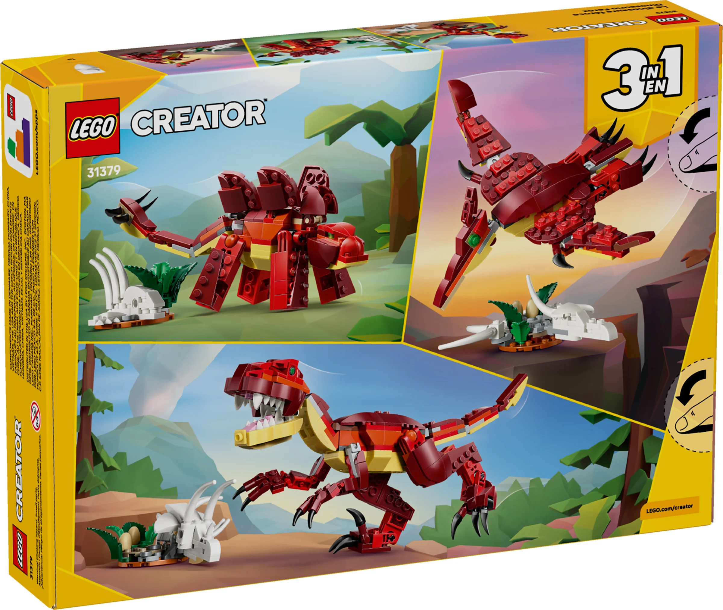 Cutia setului LEGO Creator 31379, prezentând cele 3 modele alternative de dinozauri.