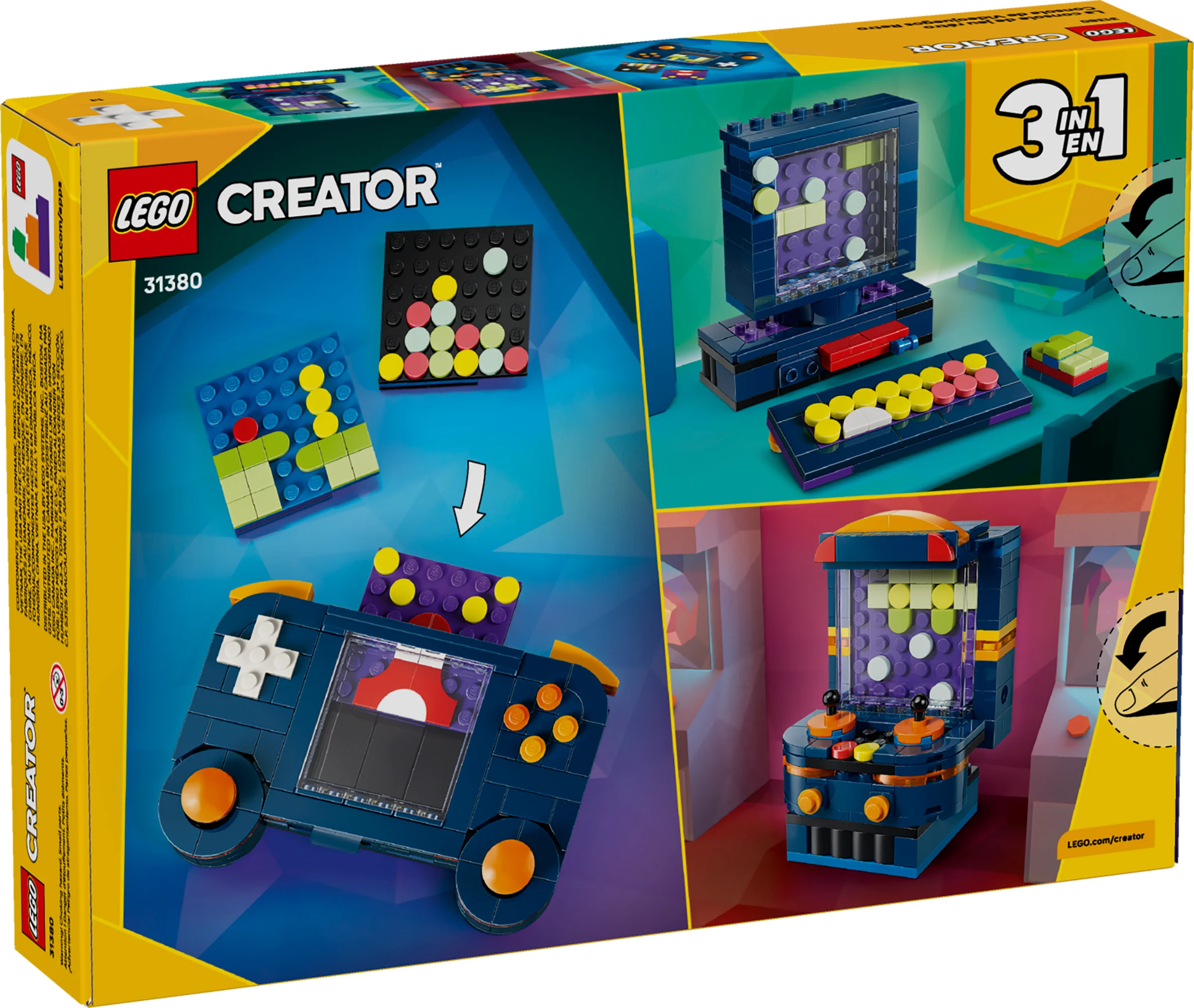 Cutia LEGO Creator 31380 prezintă cele 3 modele construibile: consolă portabilă, computer și joc arcade retro.