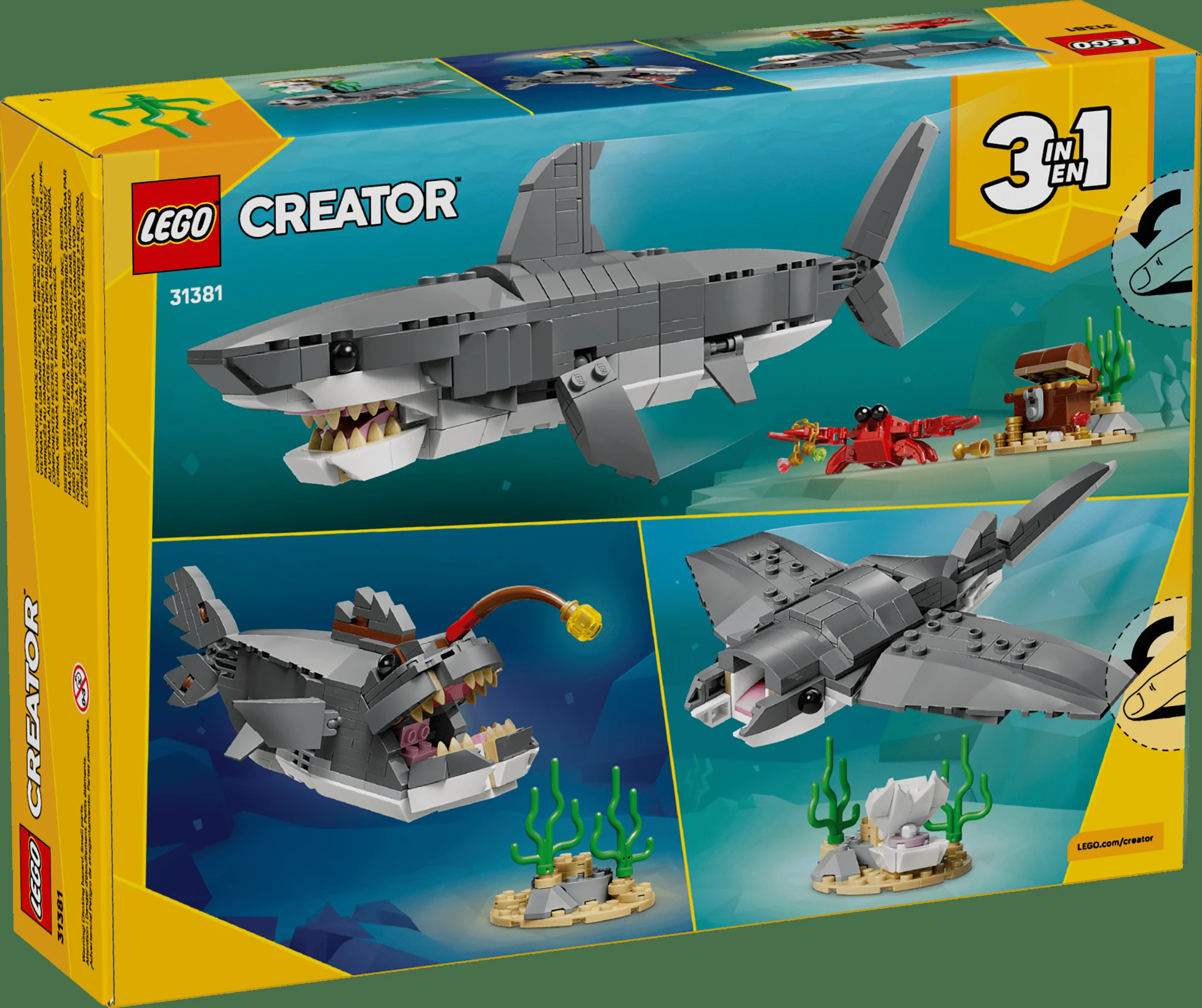 Cutia LEGO Creator 31381, cu modelul principal și cele alternative, toate cu tematică marină.