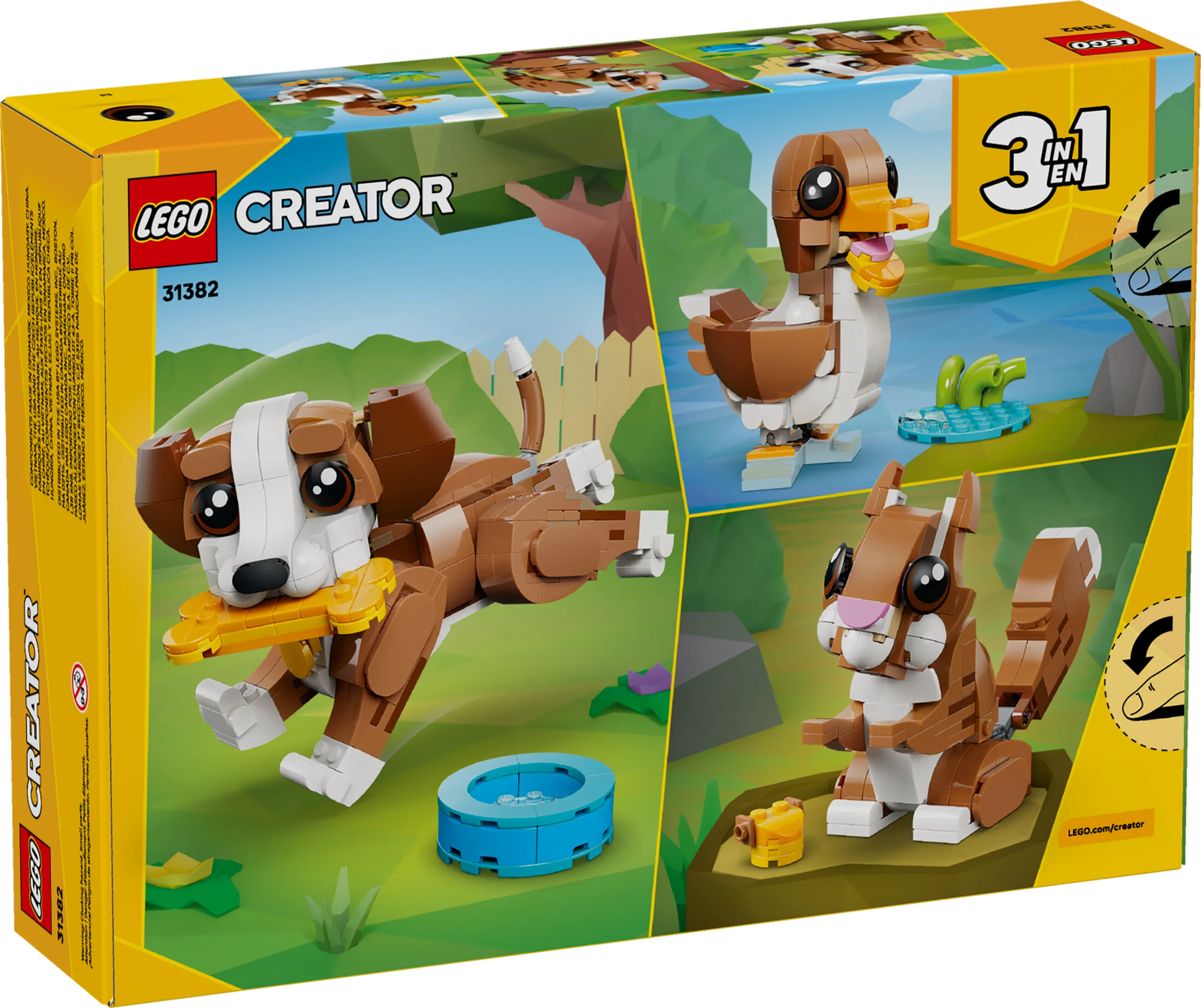 Cutia LEGO Creator 31382 Playful Puppy, cu modele alternative de rață și veveriță.