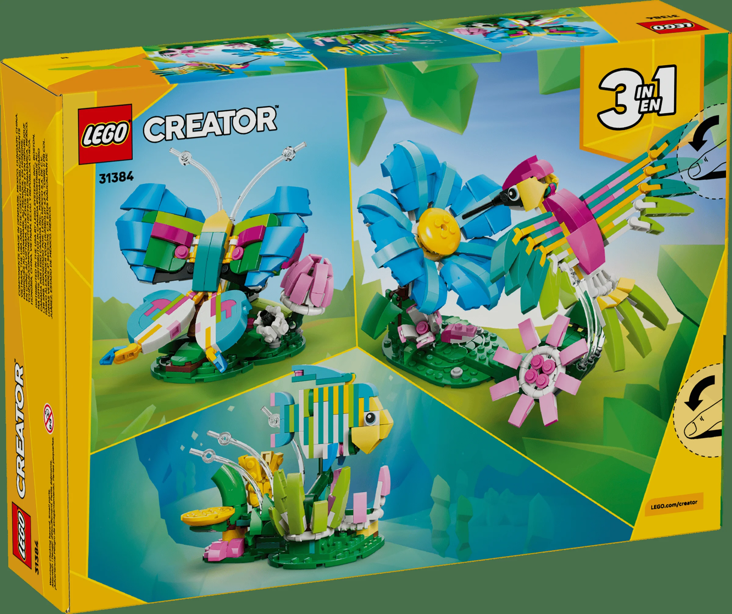 Cutia LEGO Creator 31384 prezintă un colibri colorat, un fluture și un pește construite din cărămizi LEGO.