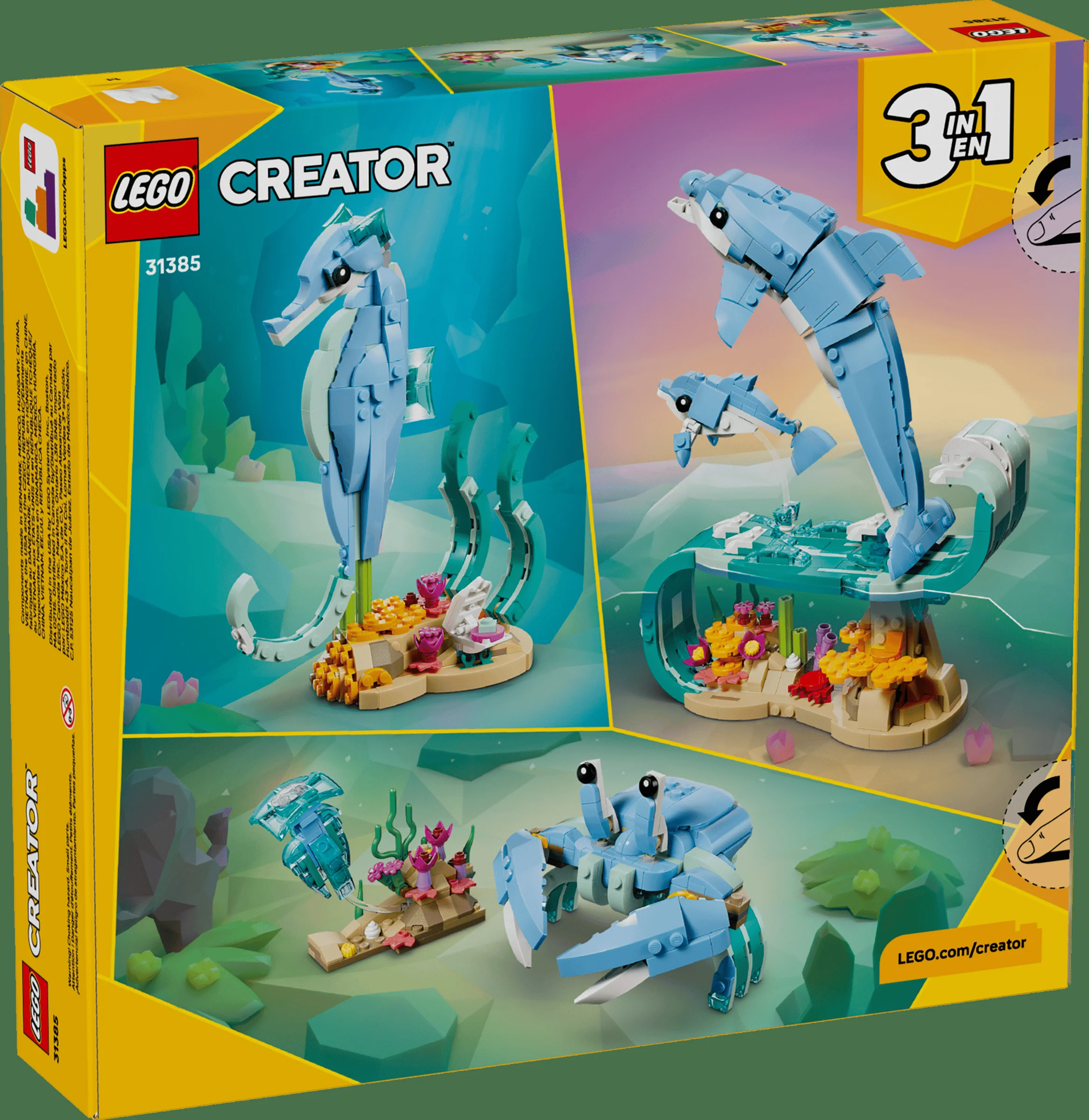 Imaginea cutiei LEGO Creator 31385, prezentând modelele alternative: căluț de mare, crabul și delfinii.