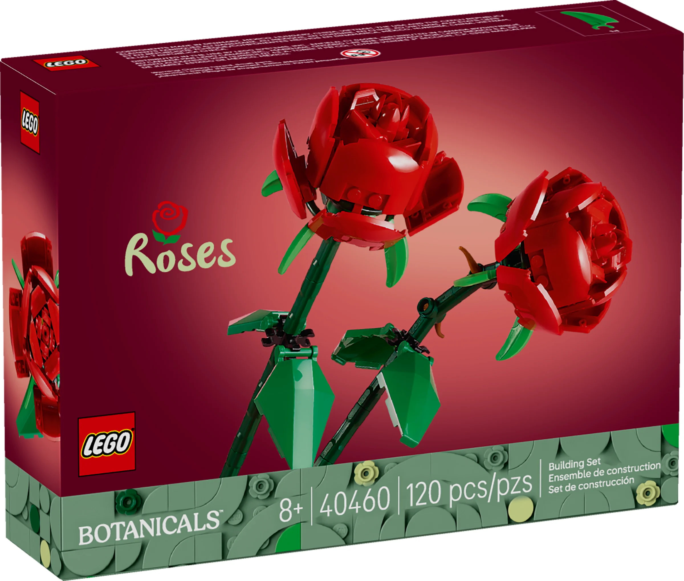 Cutia LEGO 40460, setul „Trandafiri”, prezintă două modele de trandafiri roșii construiți din piese LEGO.