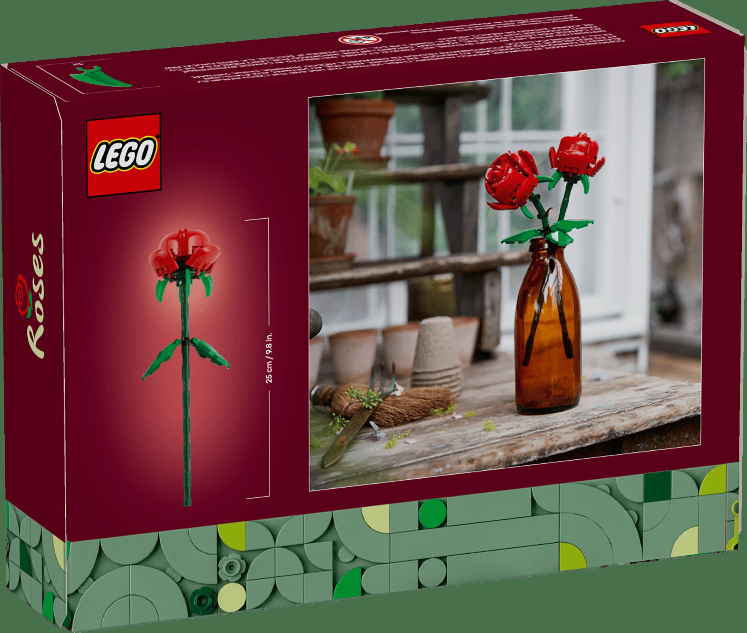 Cutia setului LEGO 40460 Roses prezintă imagini cu trandafirii construiți și aranjați într-o vază rustică.