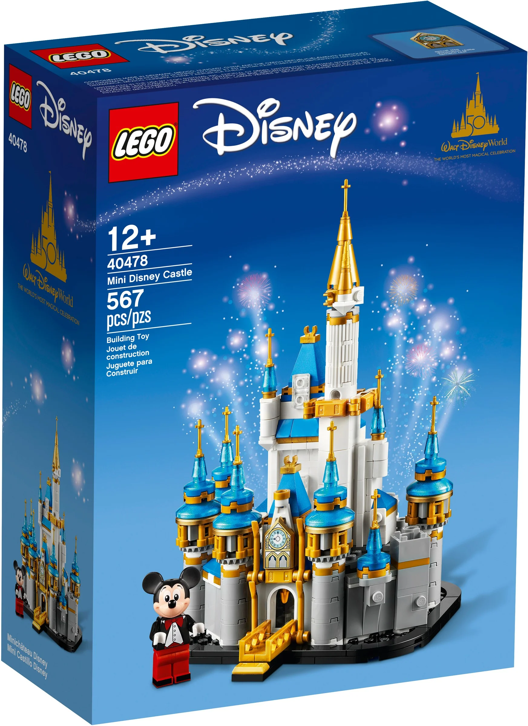 Cutia setului LEGO 40478 Mini Castel Disney. Design albastru cu imaginea castelului și a minifigurinei Mickey Mouse.
