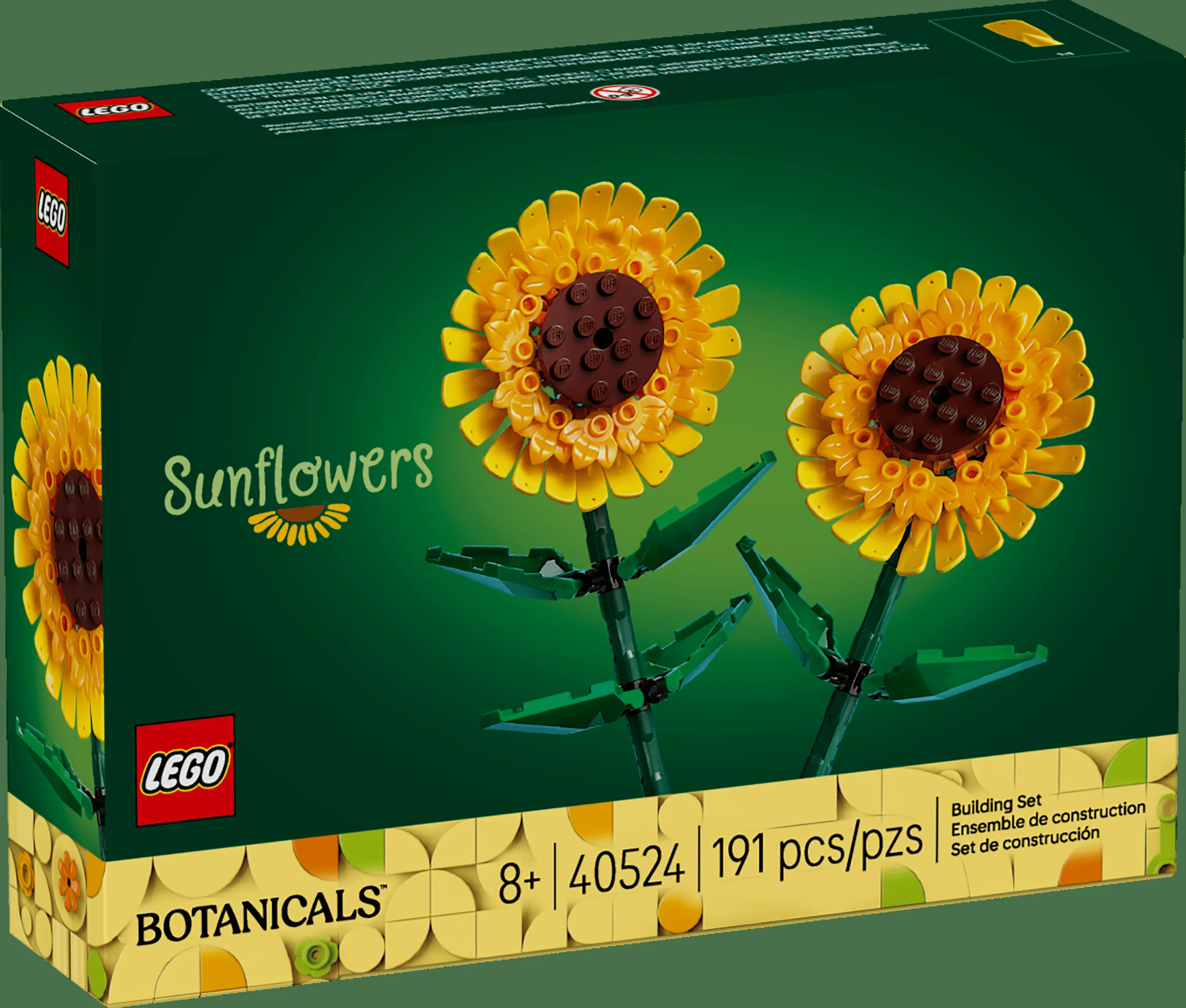 Cutia setului LEGO 40524, cu două floarea-soarelui construite.