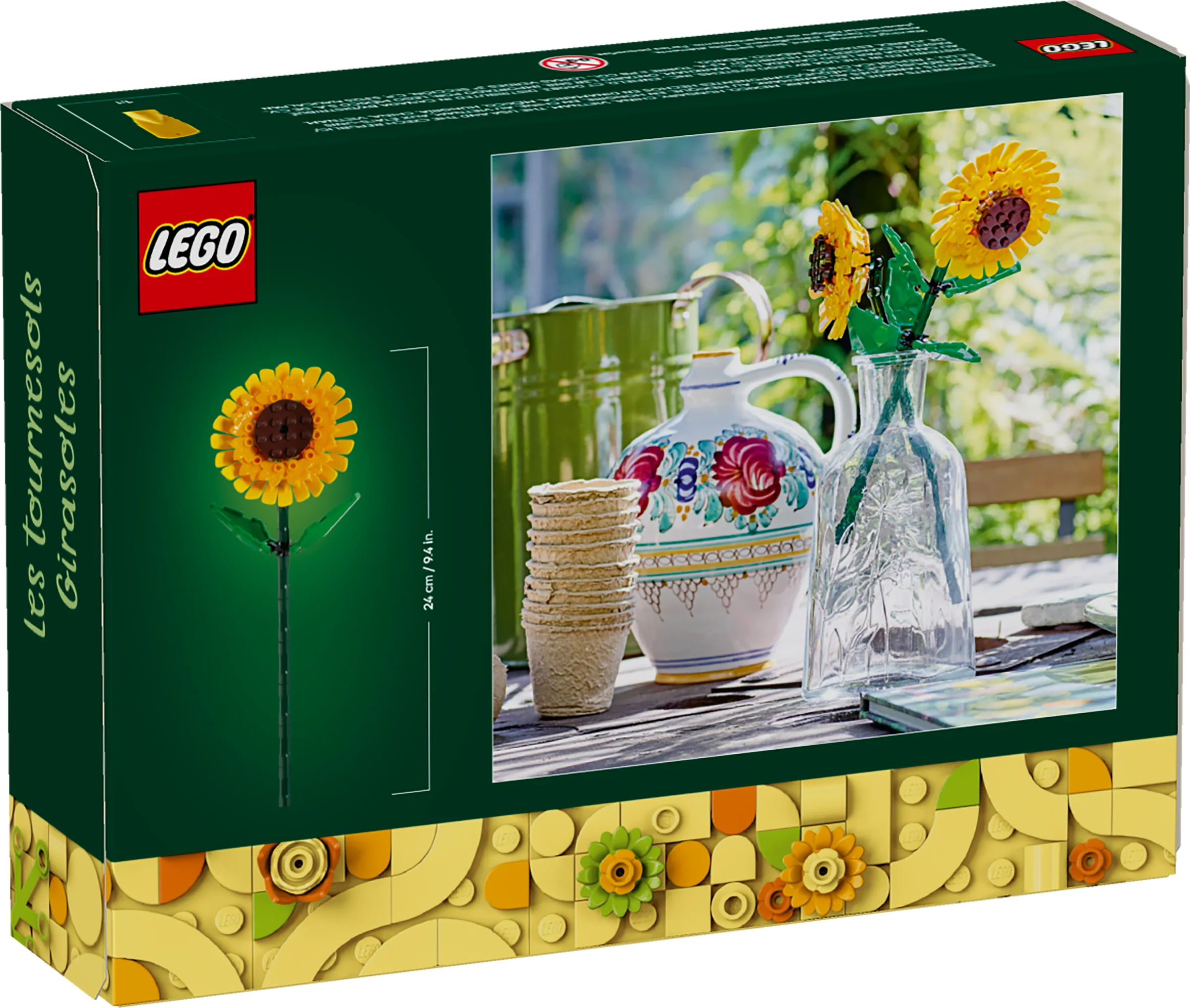 Cutie LEGO Sunflowers (40524) prezentată într-un aranjament rustic, atrăgător.