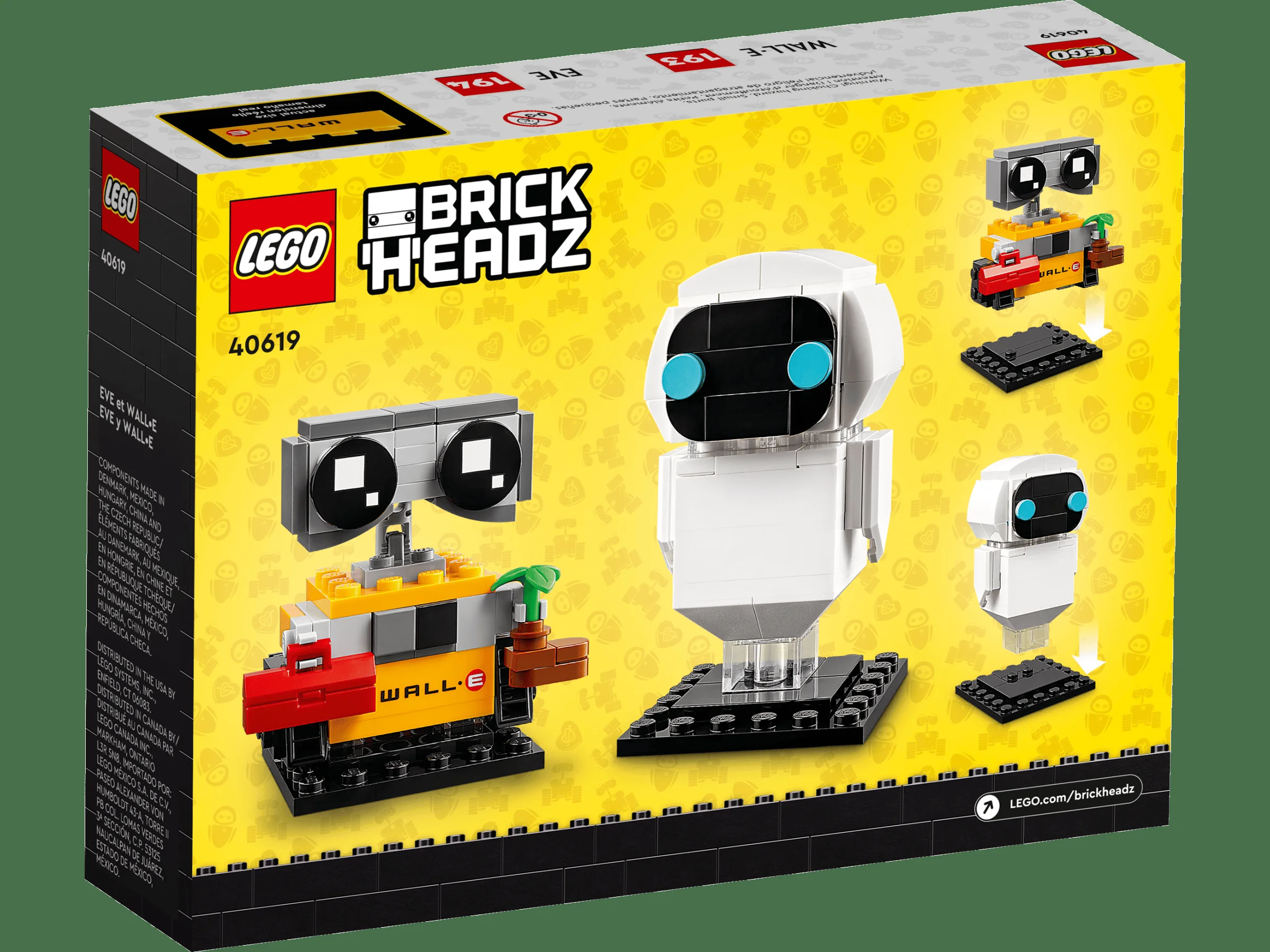 Cutia LEGO BrickHeadz 40619 prezintă modelele construibile EVE și WALL-E. Un cadou perfect pentru fani!