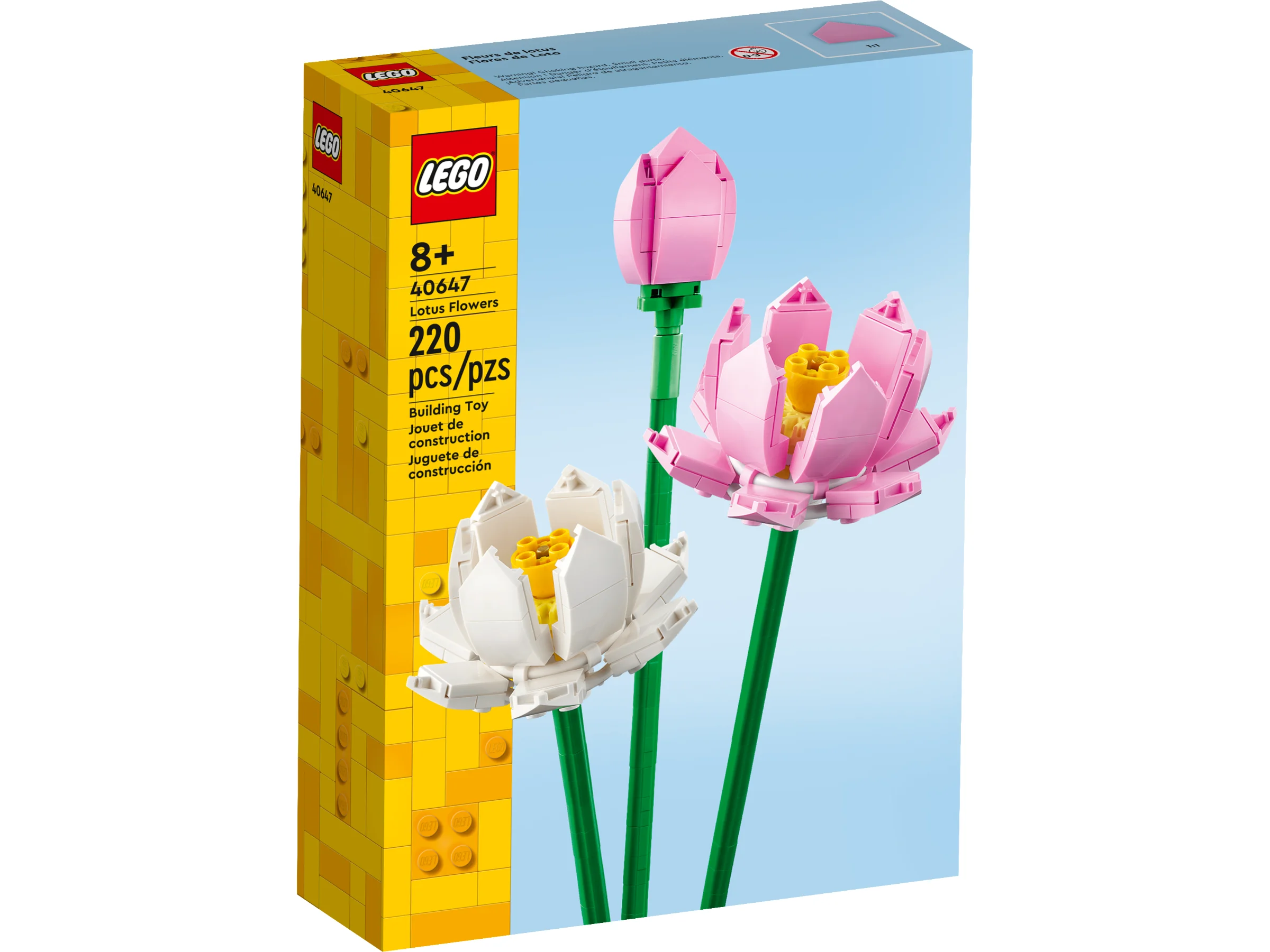 Cutia LEGO 40647, cu trei flori de lotus construite din piese, una albă și două roz.