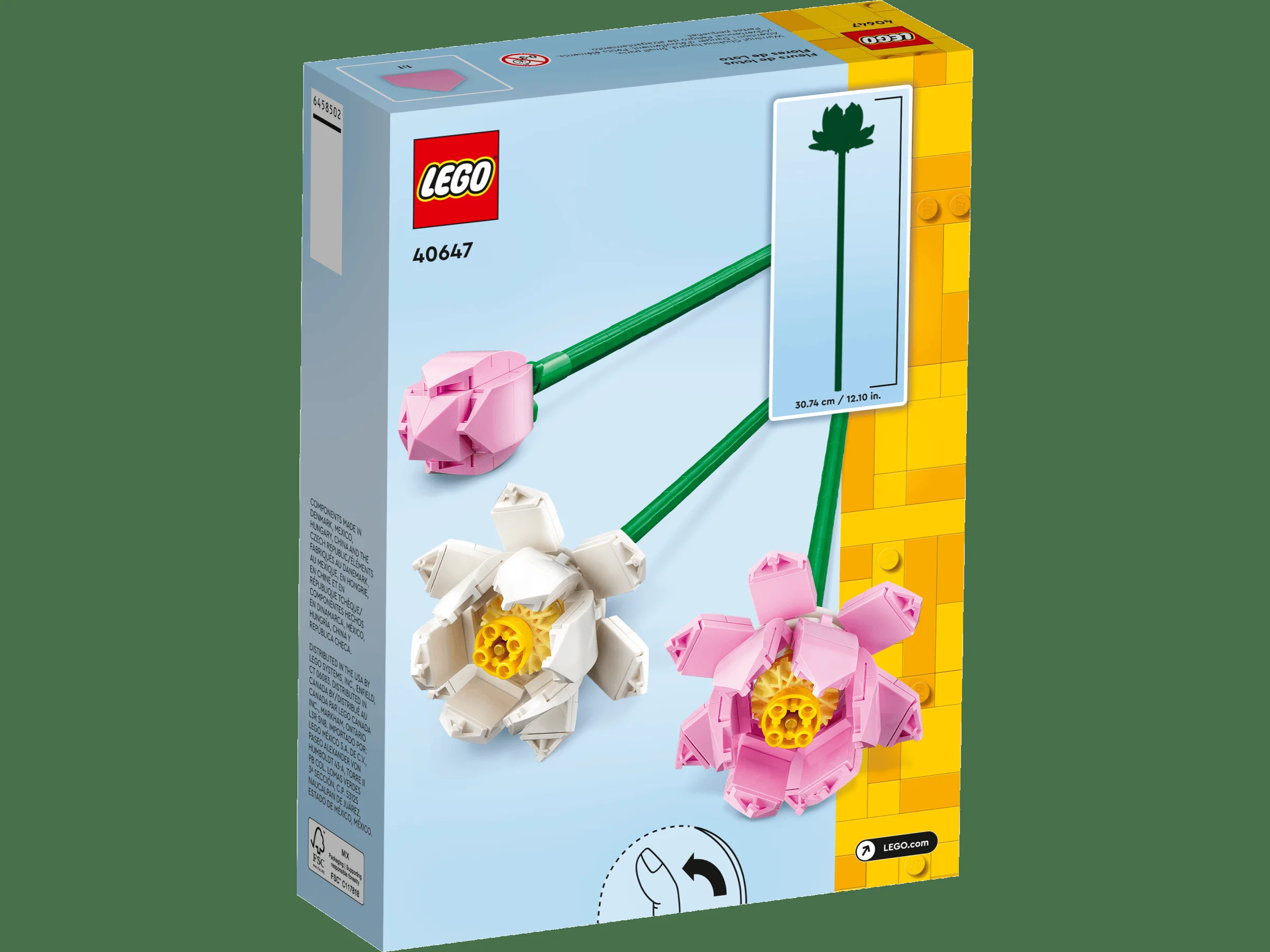 Cutie cu flori de lotus LEGO 40647, cu detalii despre dimensiuni și componente.