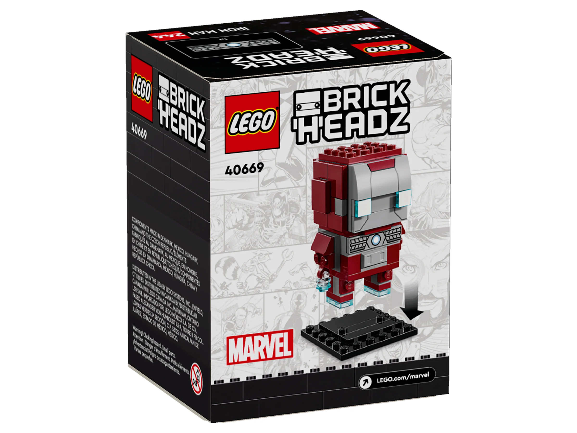 Cutia LEGO BrickHeadz Iron Man MK5 (40669), cu modelul asamblat și logo-urile LEGO, BrickHeadz și Marvel.