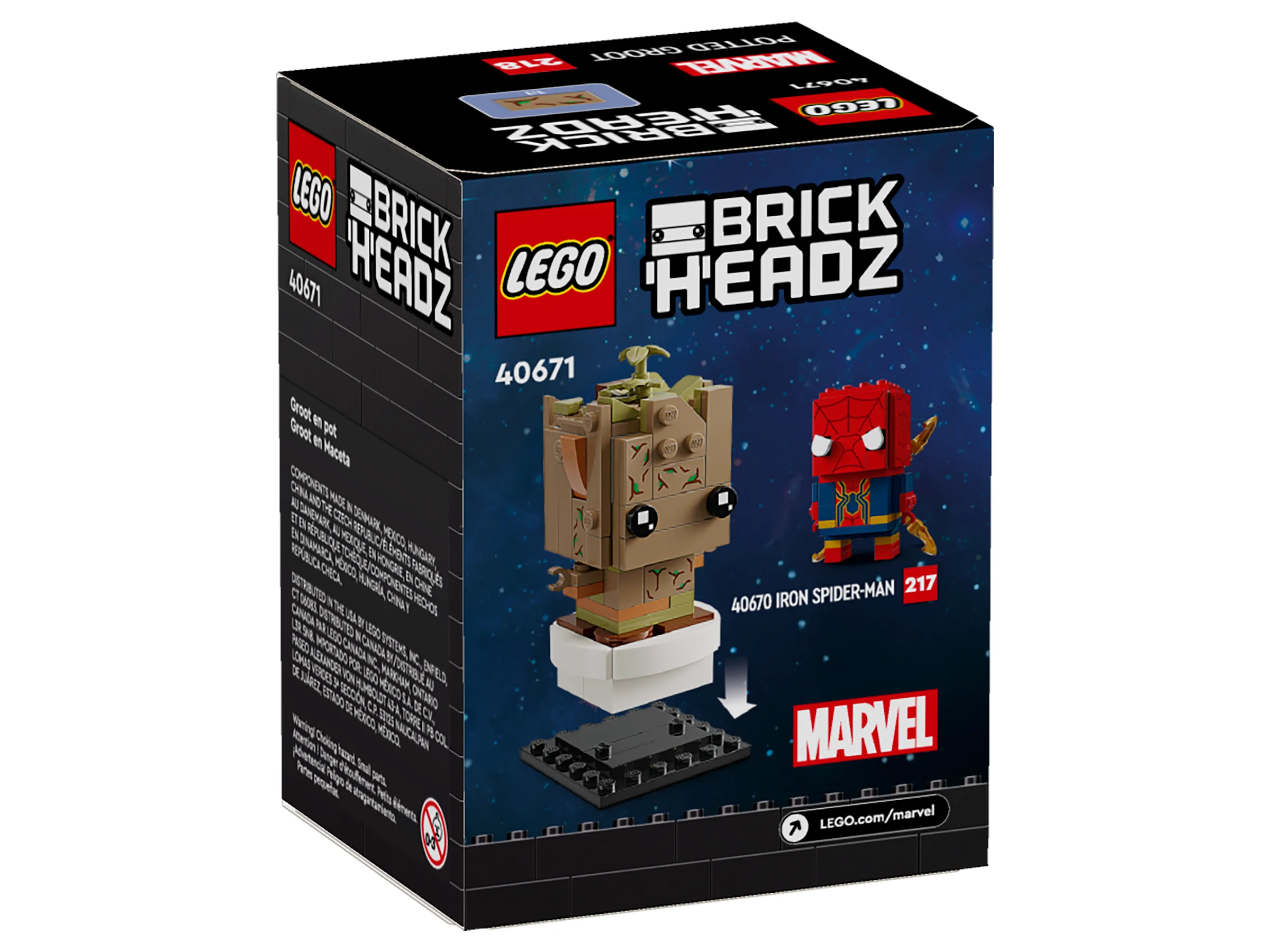 Imagine a cutiei LEGO 40671 cu Groot în ghiveci (BrickHeadz), împreună cu Spider-Man.