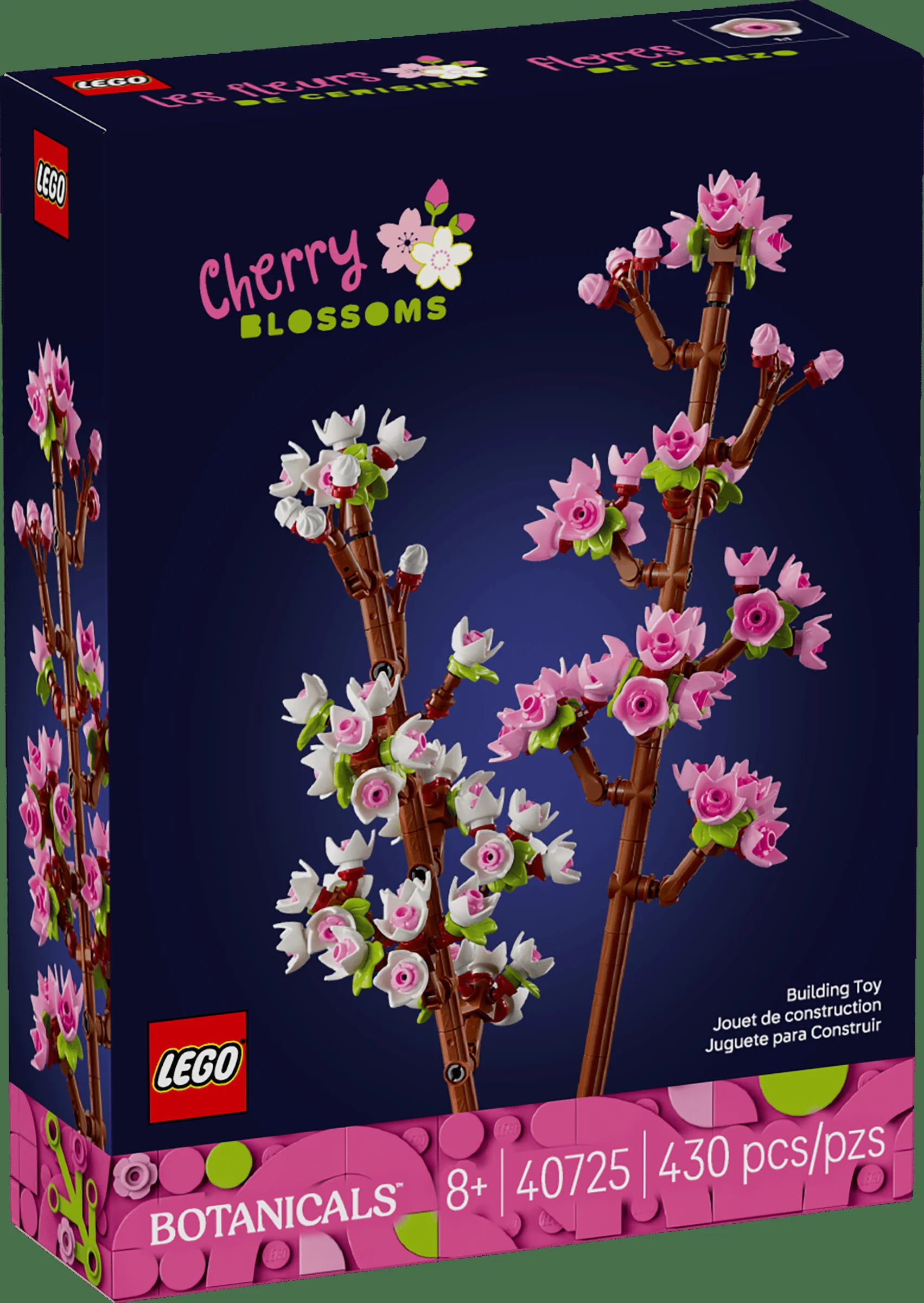 Cutie LEGO 40725 cu flori de cireș. Modelul este compus din piese LEGO.