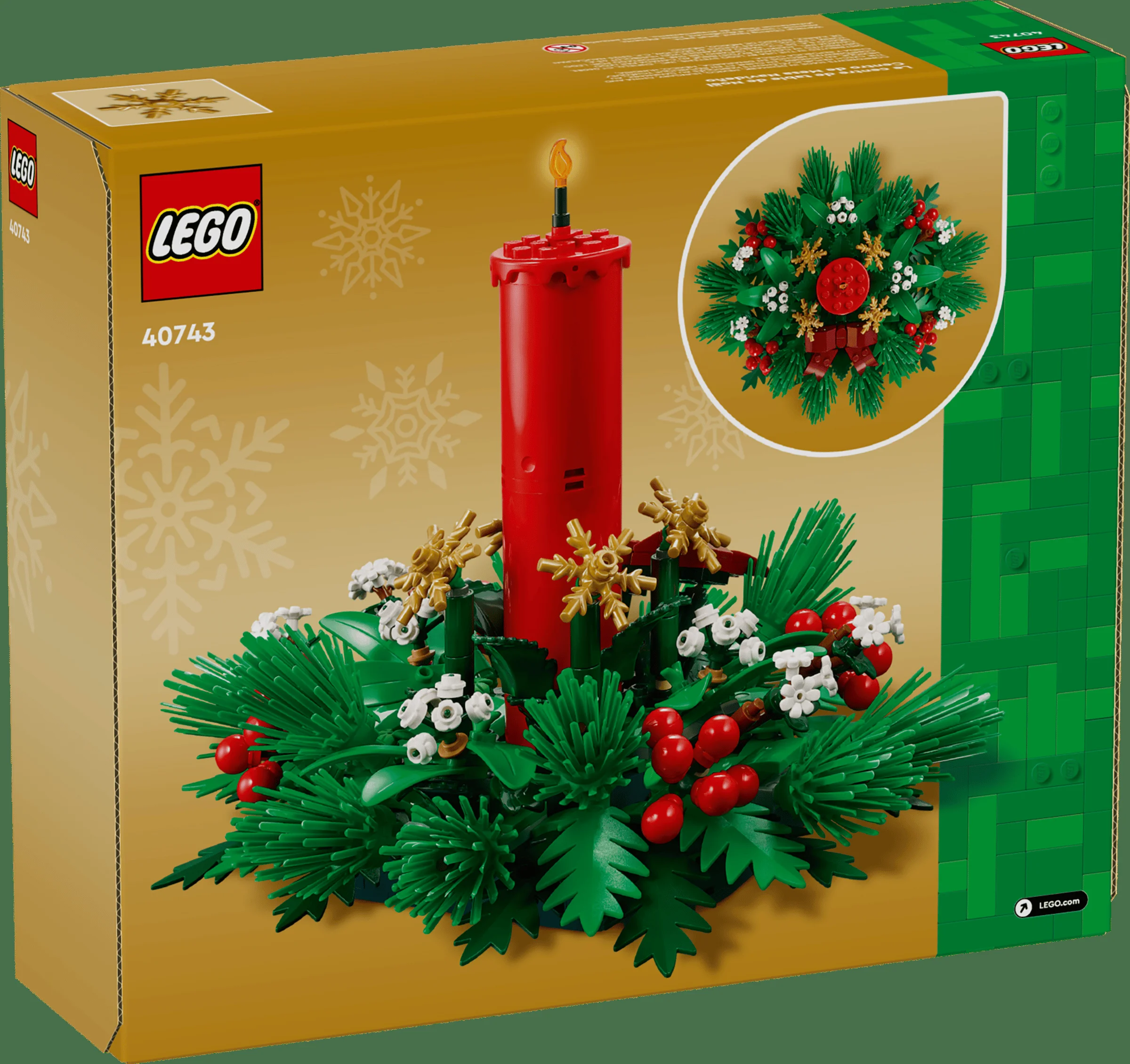 Cutia LEGO 40743, decorație de masă de Crăciun, cu un design festiv și o lumânare centrală.