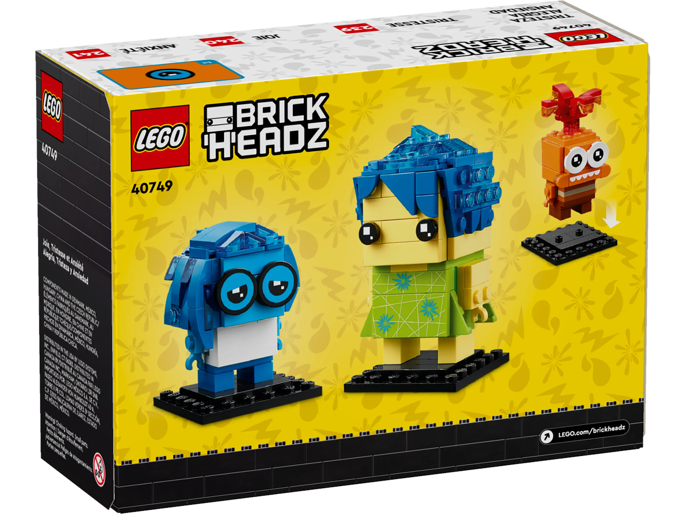 Cutia setului 40749 prezintă personajele Joy, Sadness și Anxiety din BrickHeadz.