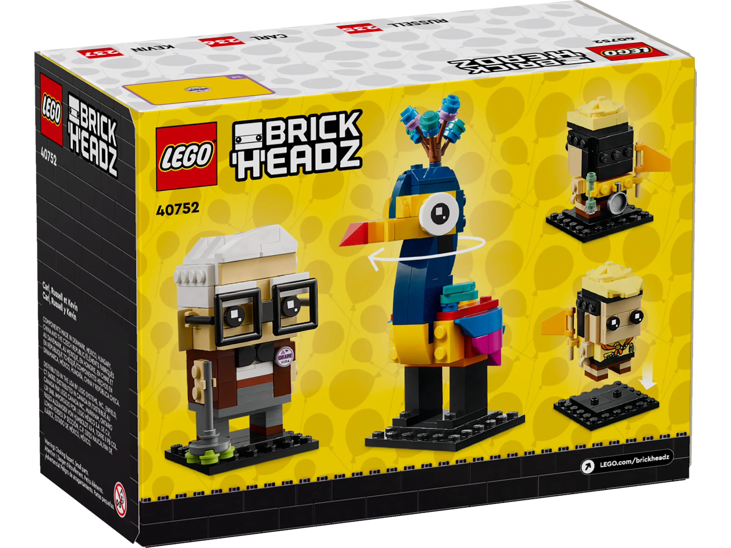 Imagine cu cutia setului LEGO BrickHeadz 40752, Carl, Russell și Kevin, ce prezintă modelele construite.