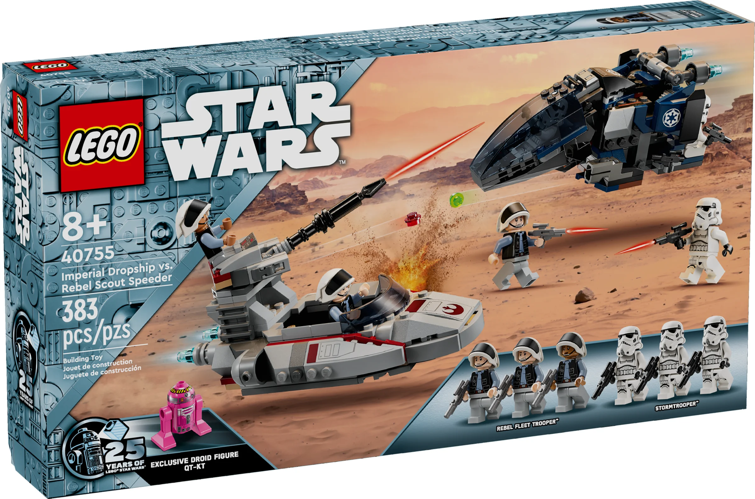 Cutie LEGO Star Wars 40755. Prezintă Imperial Dropship și Rebel Scout Speeder. Conține minifigurine și droid QT-KT.