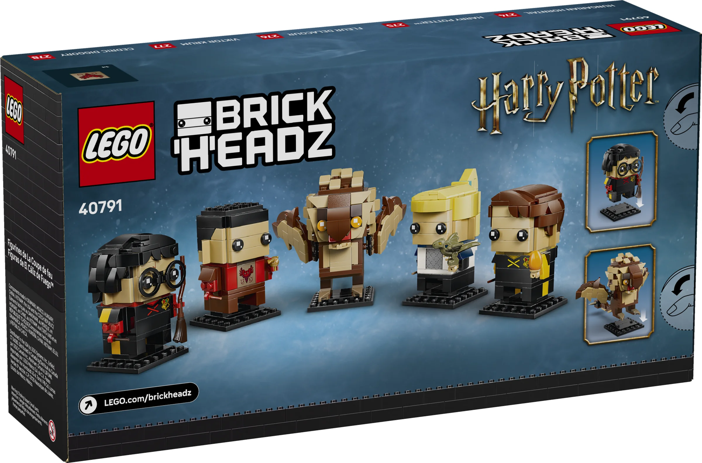 Cutia setului LEGO 40791 cu minifigurine BrickHeadz Harry Potter și elemente distinctive.