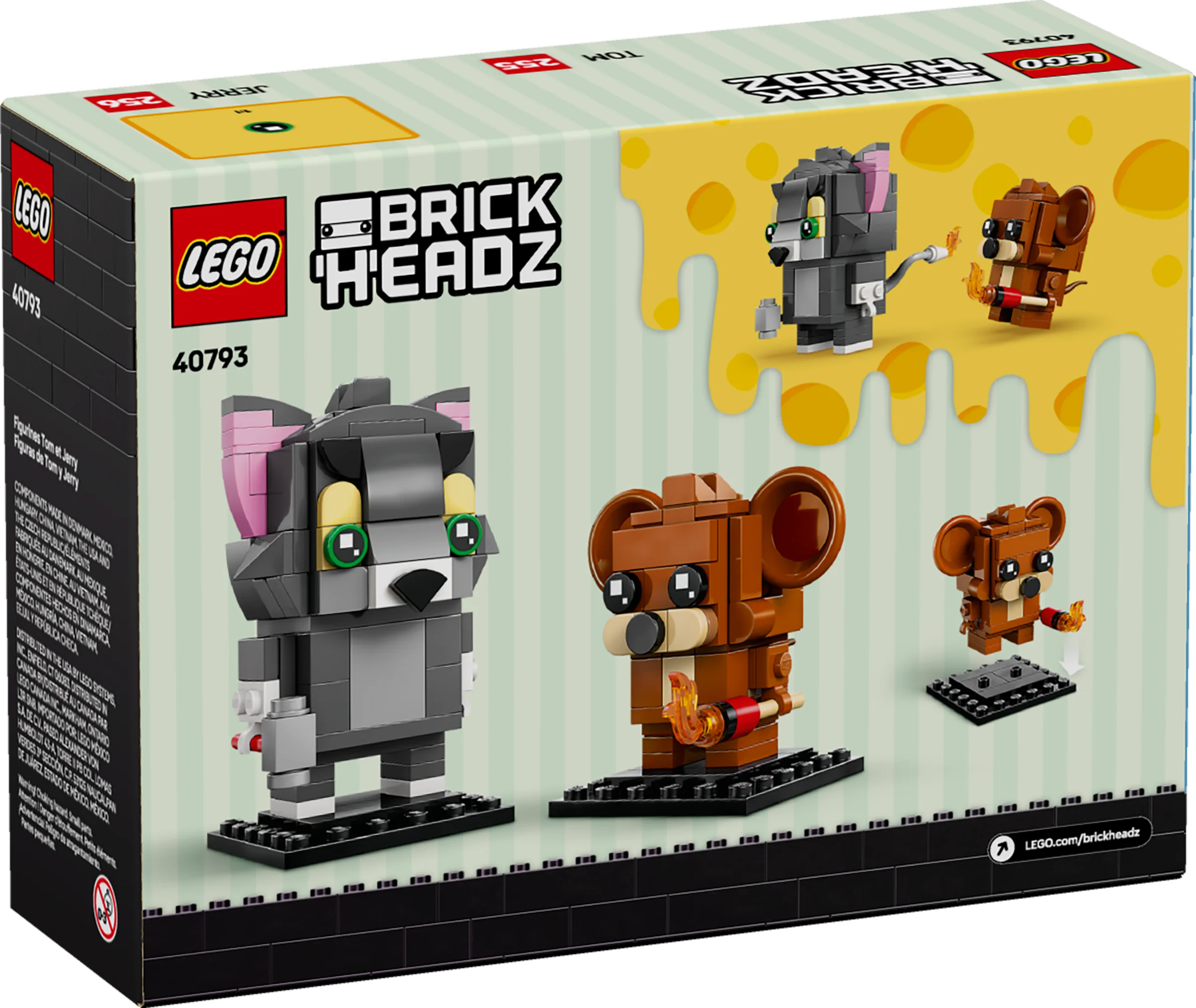 Cutia setului LEGO 40793 BrickHeadz Tom și Jerry, cu minifigurinele construite prezentate.