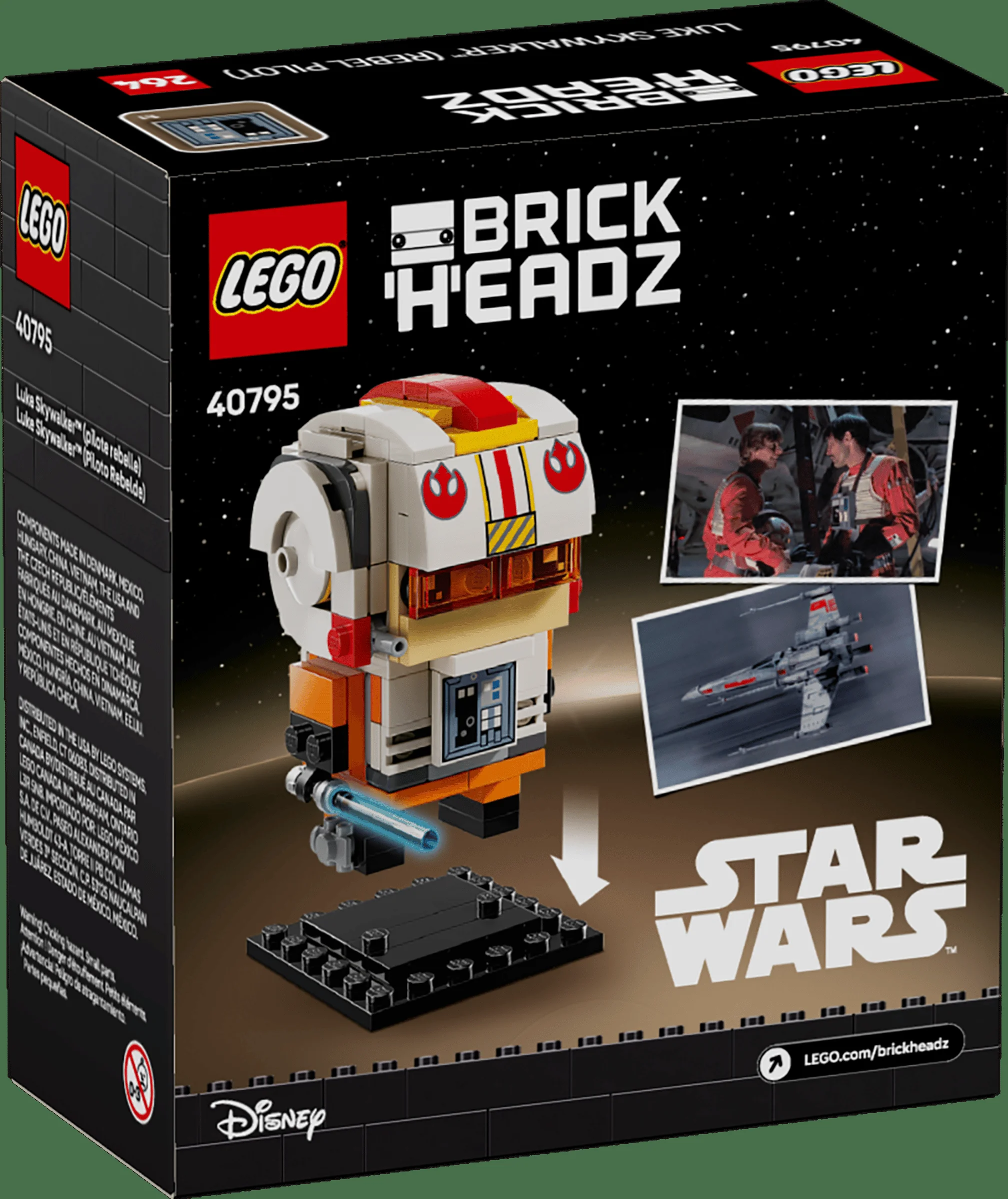 Cutia setului LEGO BrickHeadz 40795, Luke Skywalker (Pilot Rebel), prezentând modelul construit și imagini din Star Wars.