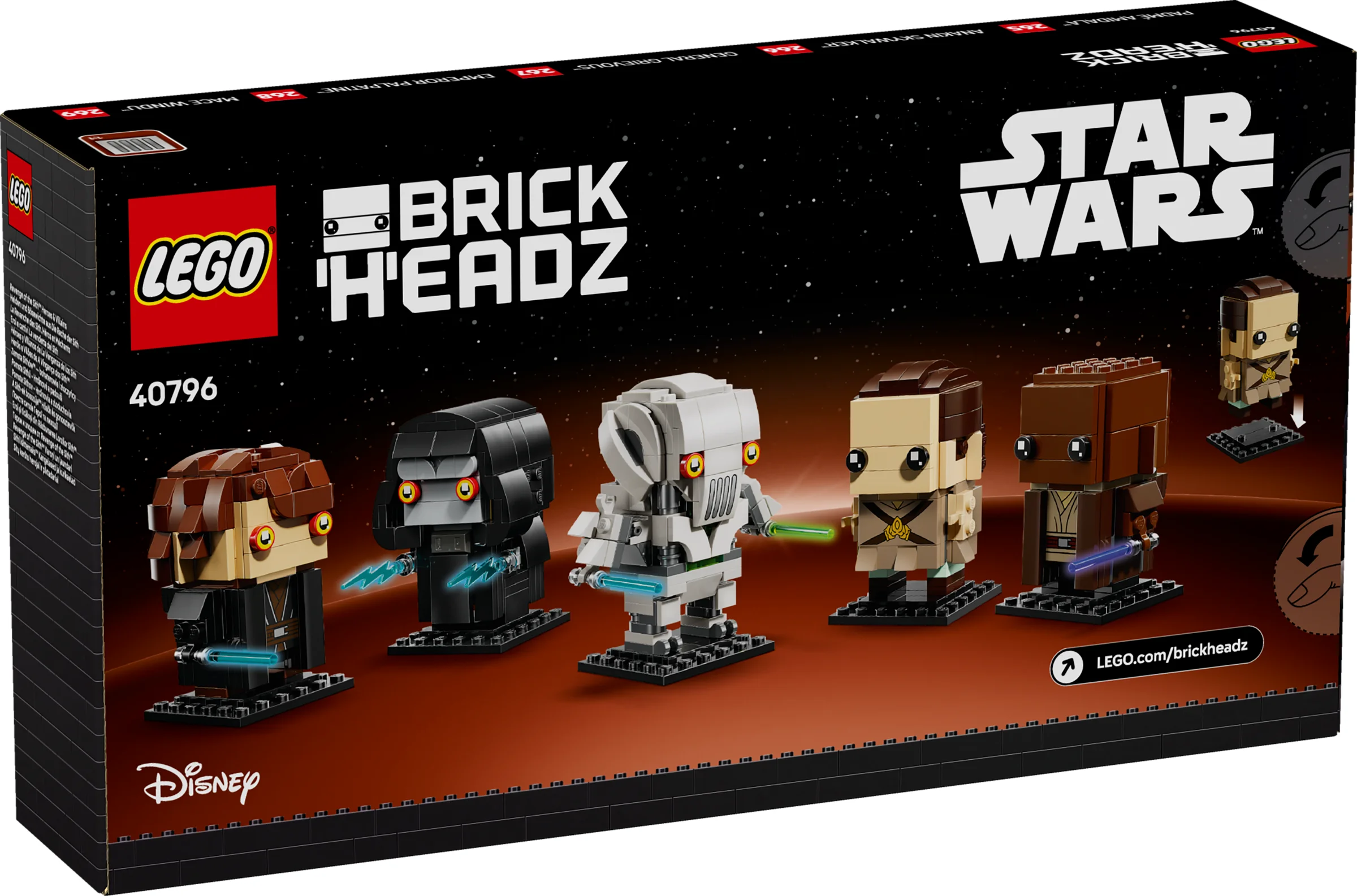 Cutia LEGO BrickHeadz 40796 prezintă eroii și răufăcătorii din Răzbunarea Sith.