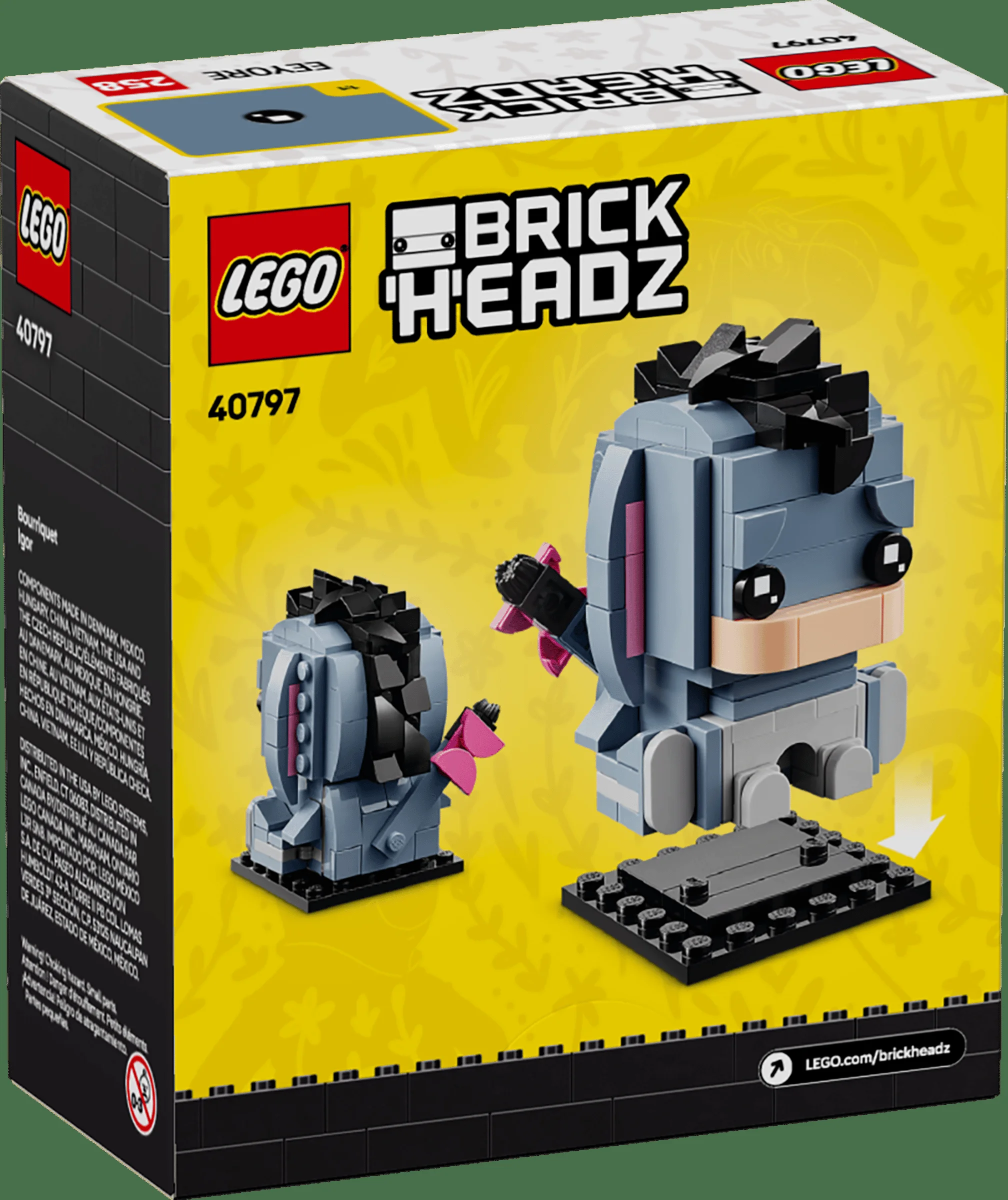 Cutia LEGO BrickHeadz 40797 Eeyore (Igor) prezintă modelul construibil și logo-urile LEGO și BrickHeadz.