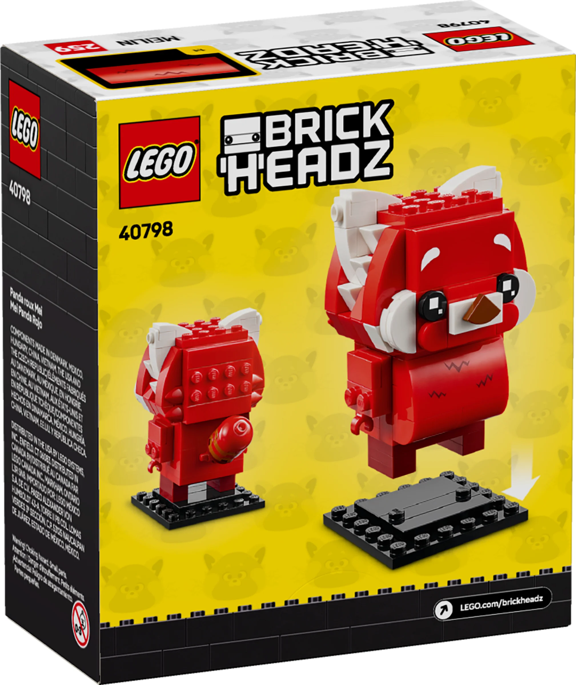 Cutia LEGO BrickHeadz 40798, Panda Roșu Mei, cu modelul construit și piese împrăștiate.