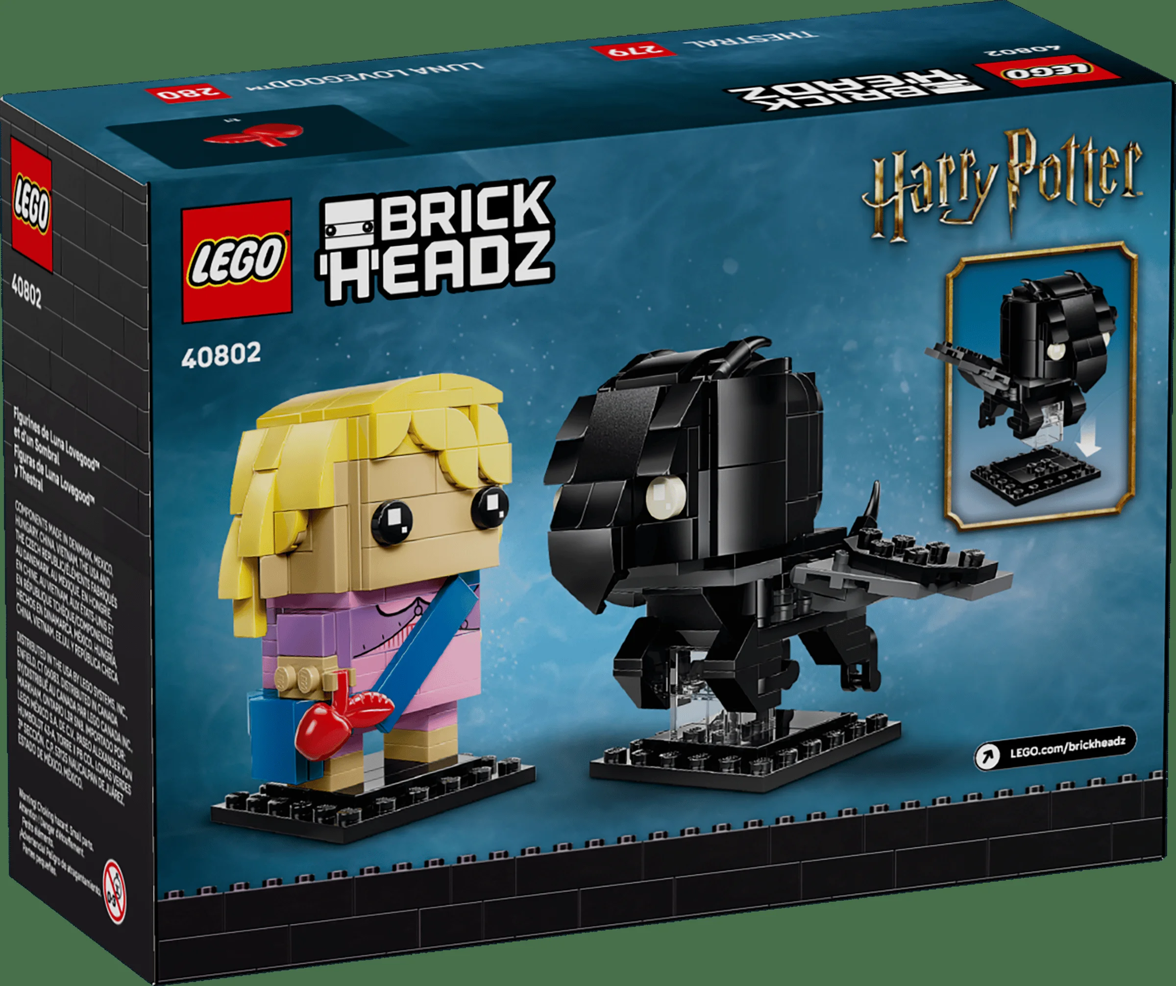 Imagine cu cutia setului LEGO BrickHeadz 40802 Luna Lovegood și Thestral, detaliată pe spate.