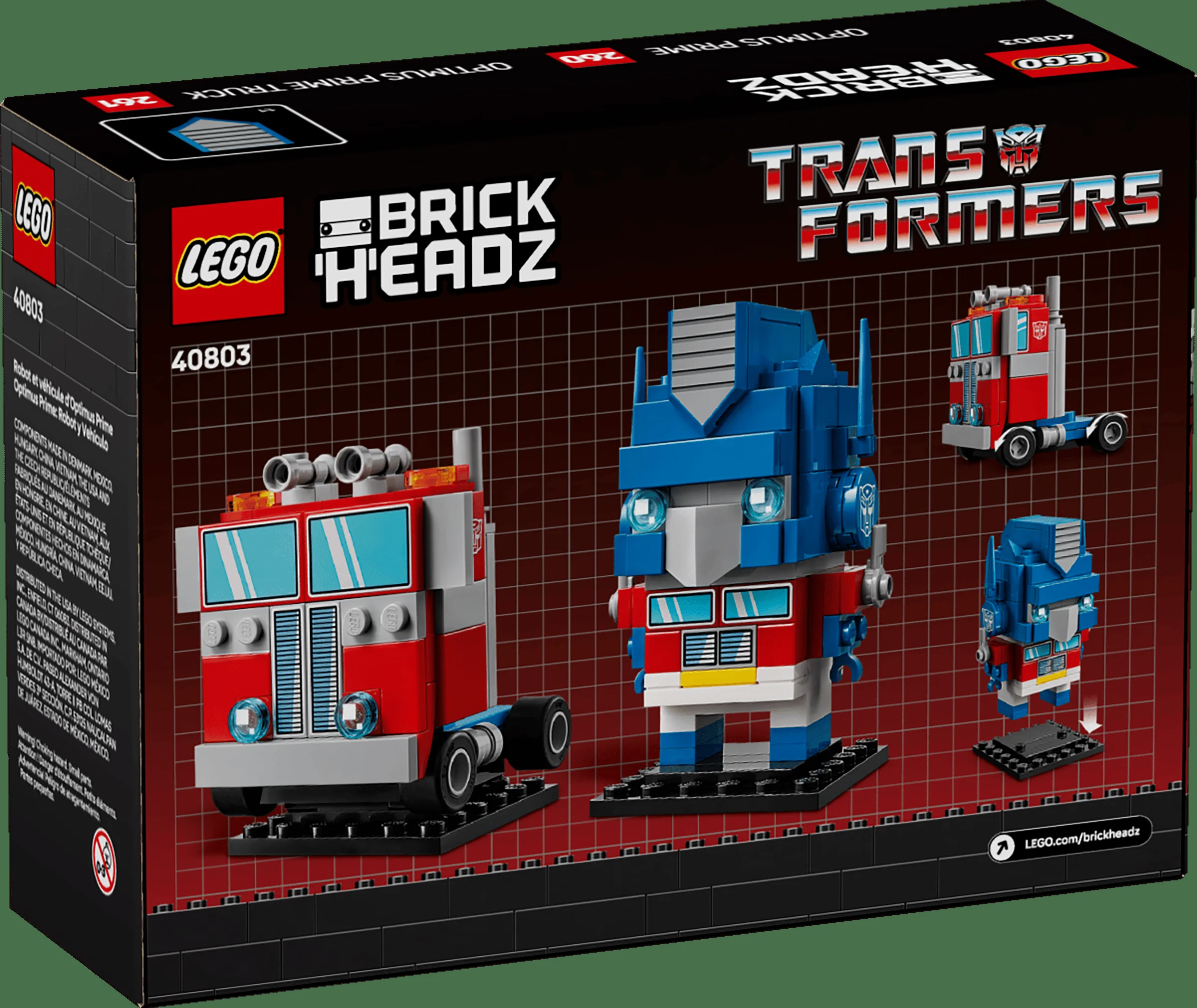 Imaginea cutiei LEGO BrickHeadz 40803 Optimus Prime: robot și vehicul. Design detaliat și atractiv.