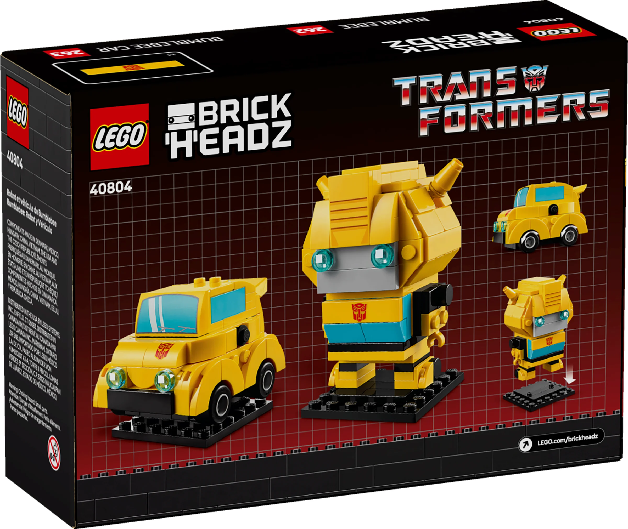 Cutia LEGO BrickHeadz 40804 Bumblebee, cu robotul și mașina galbenă Bumblebee.