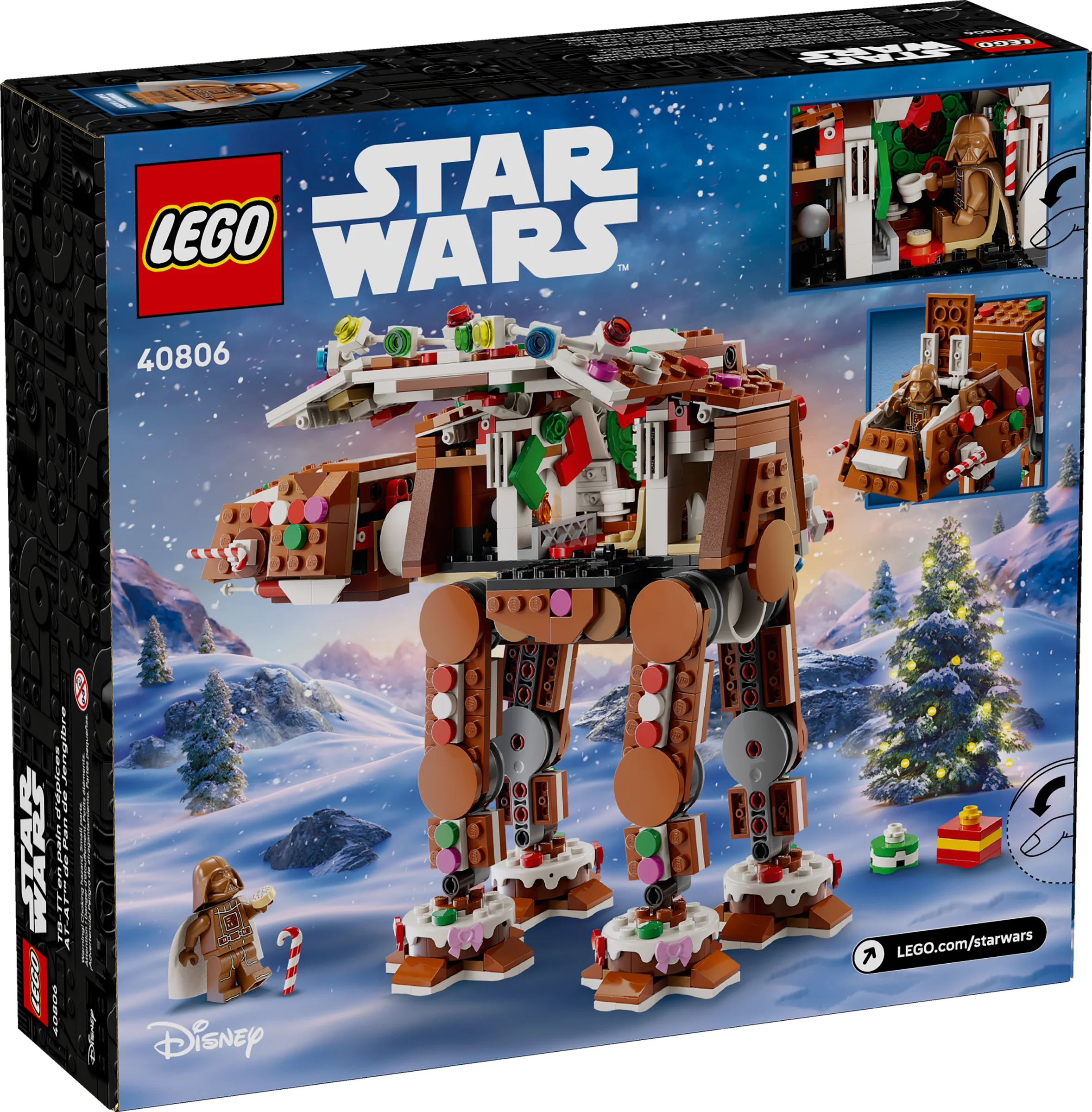 Cutia setului LEGO 40806, cu un AT-AT din turtă dulce decorat festiv, pe un fundal iernatic.