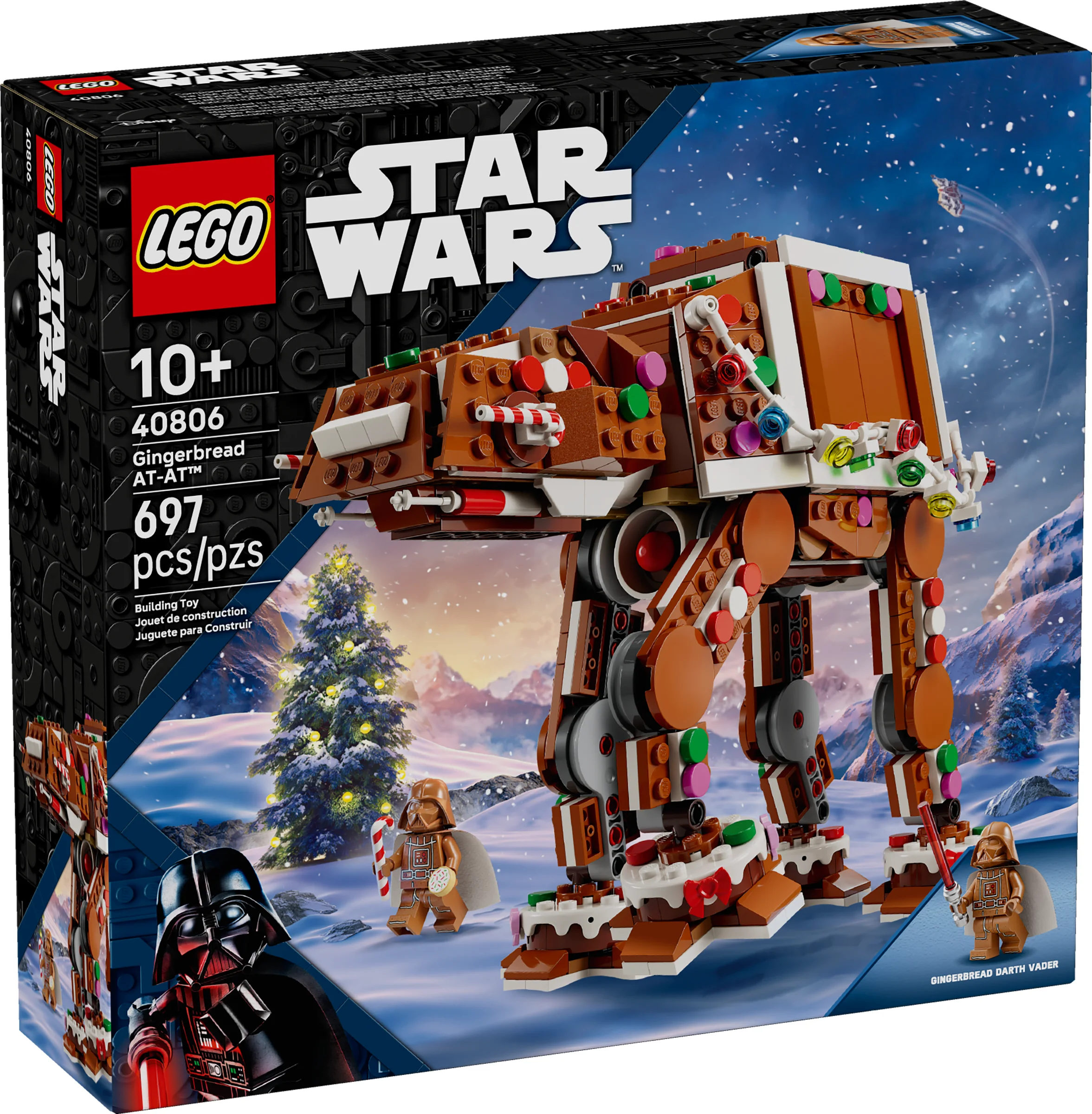 Cutia setului LEGO 40806 Gingerbread AT-AT Walker, cu AT-AT decorat festiv și minifigurine incluse.