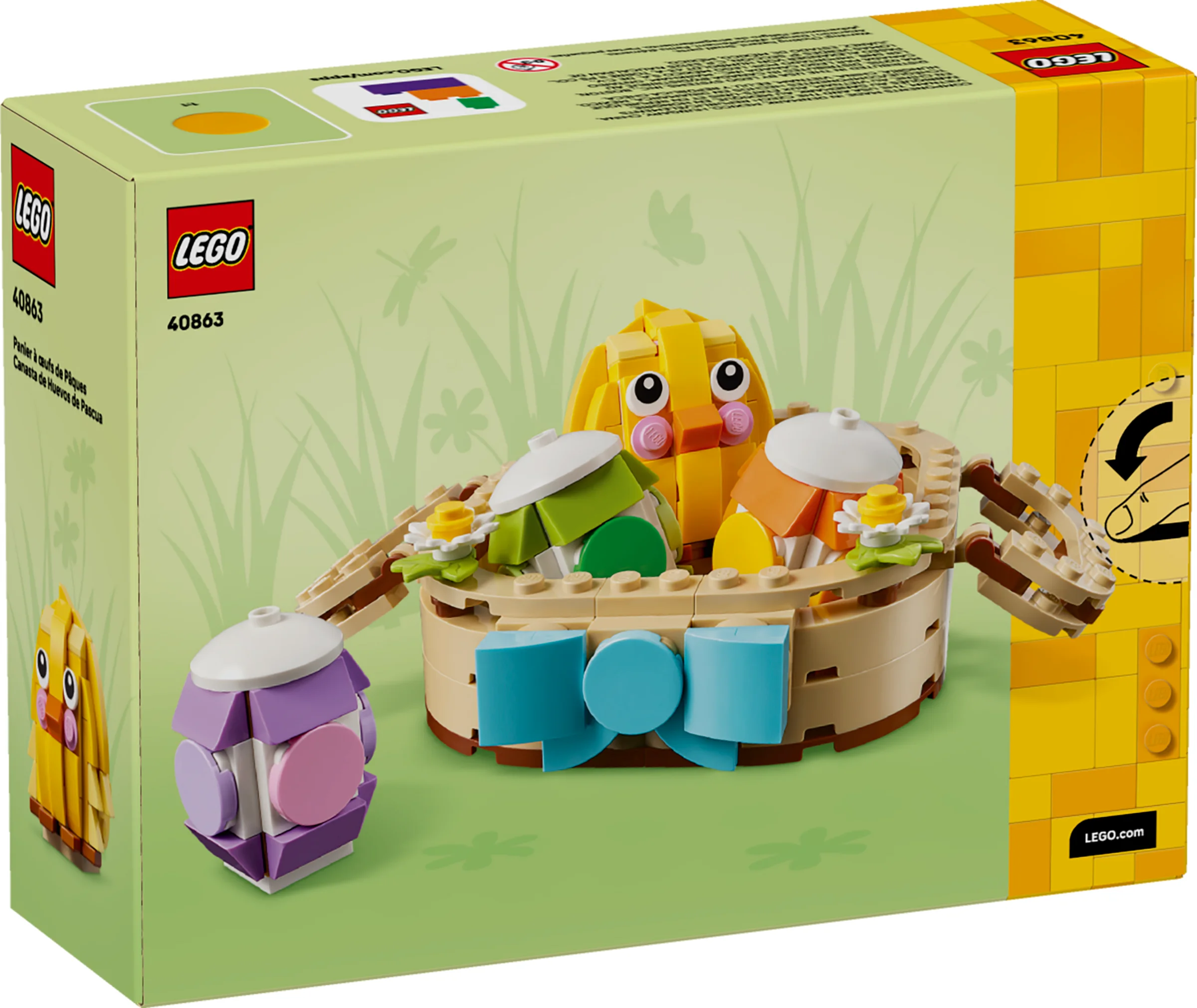 Cutia setului LEGO 40863, cu un coș de Paște și ouă colorate. Perfect pentru colecționari.