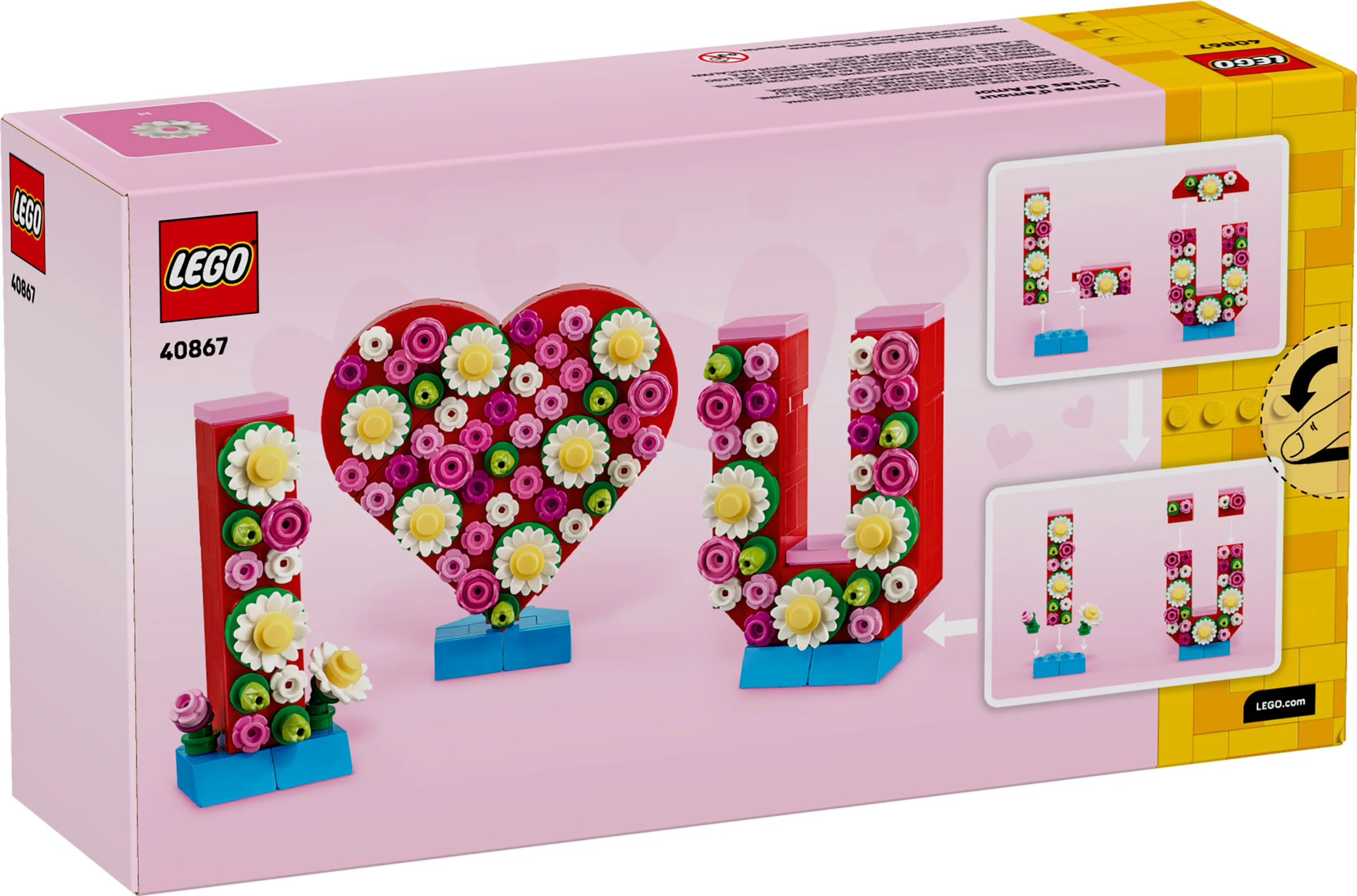 Cutie LEGO 40867 cu modelul „LOVE” decorat cu flori. Instrucțiuni de asamblare laterale.