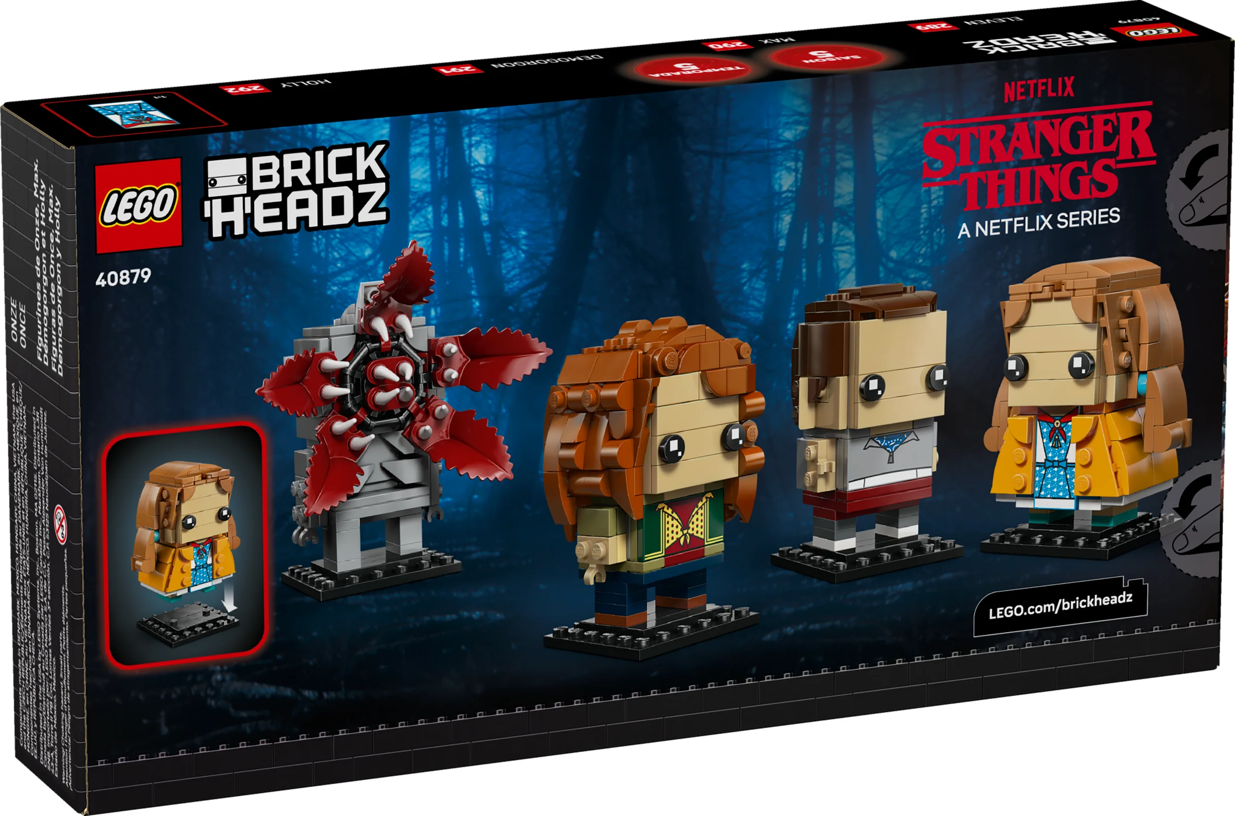Cutia LEGO BrickHeadz 40879 prezintă figurinele Eleven, Max, Demogorgon și Holly din Stranger Things.
