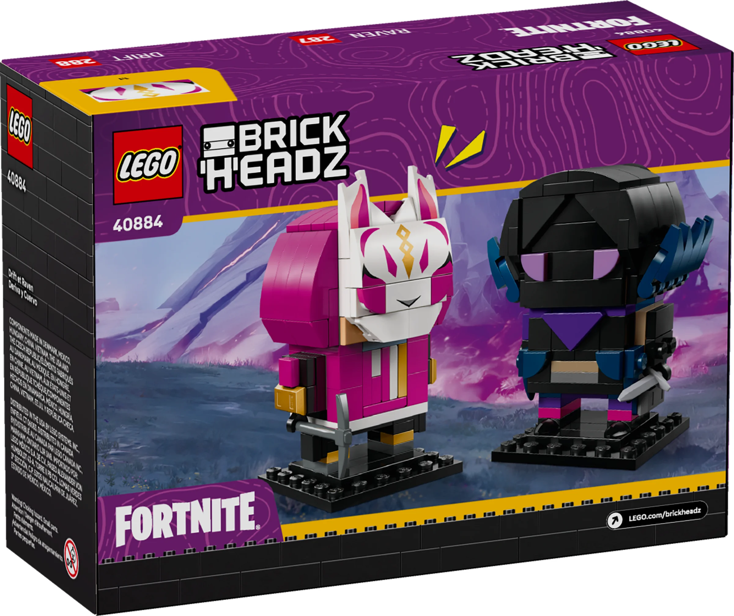 Imagine cu cutia setului LEGO BrickHeadz 40884, Drift și Raven, cu cele două figurine pe fundal.